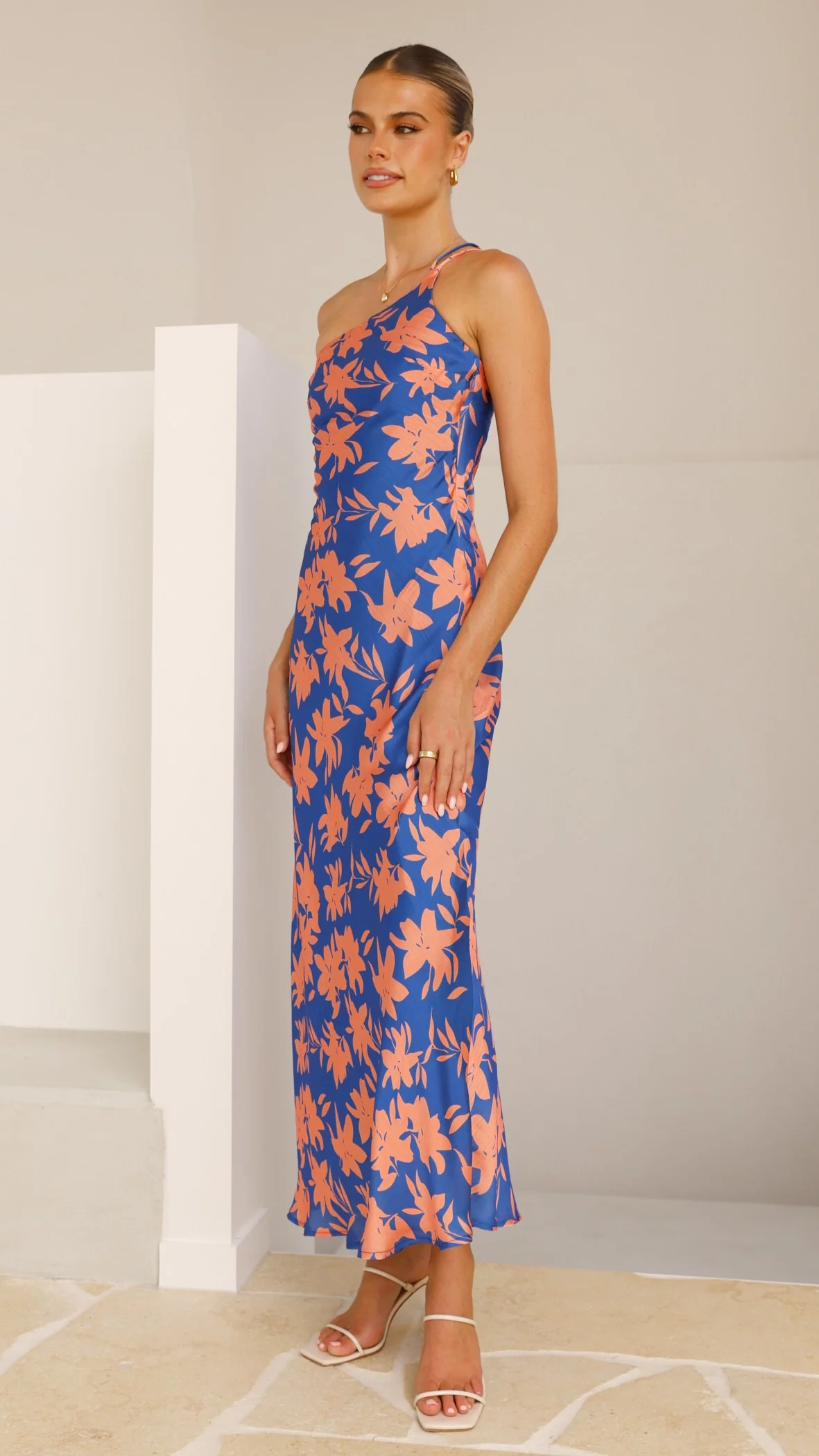 Verity One Shoulder Maxi Dress - Orange/Blue Floral - Image 9