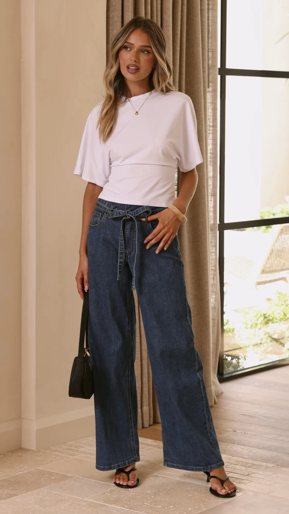 Vicky Tie Waist Straight Leg Jeans - Dark Wash - Image 4