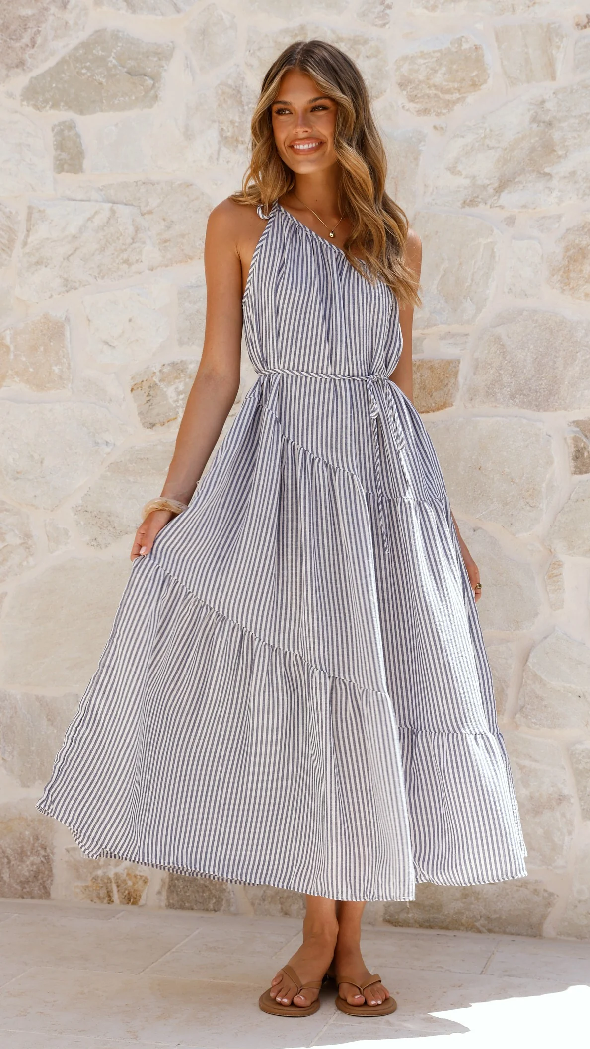 Wendy One Shoulder Maxi Dress - Blue / White Stripe - Image 11