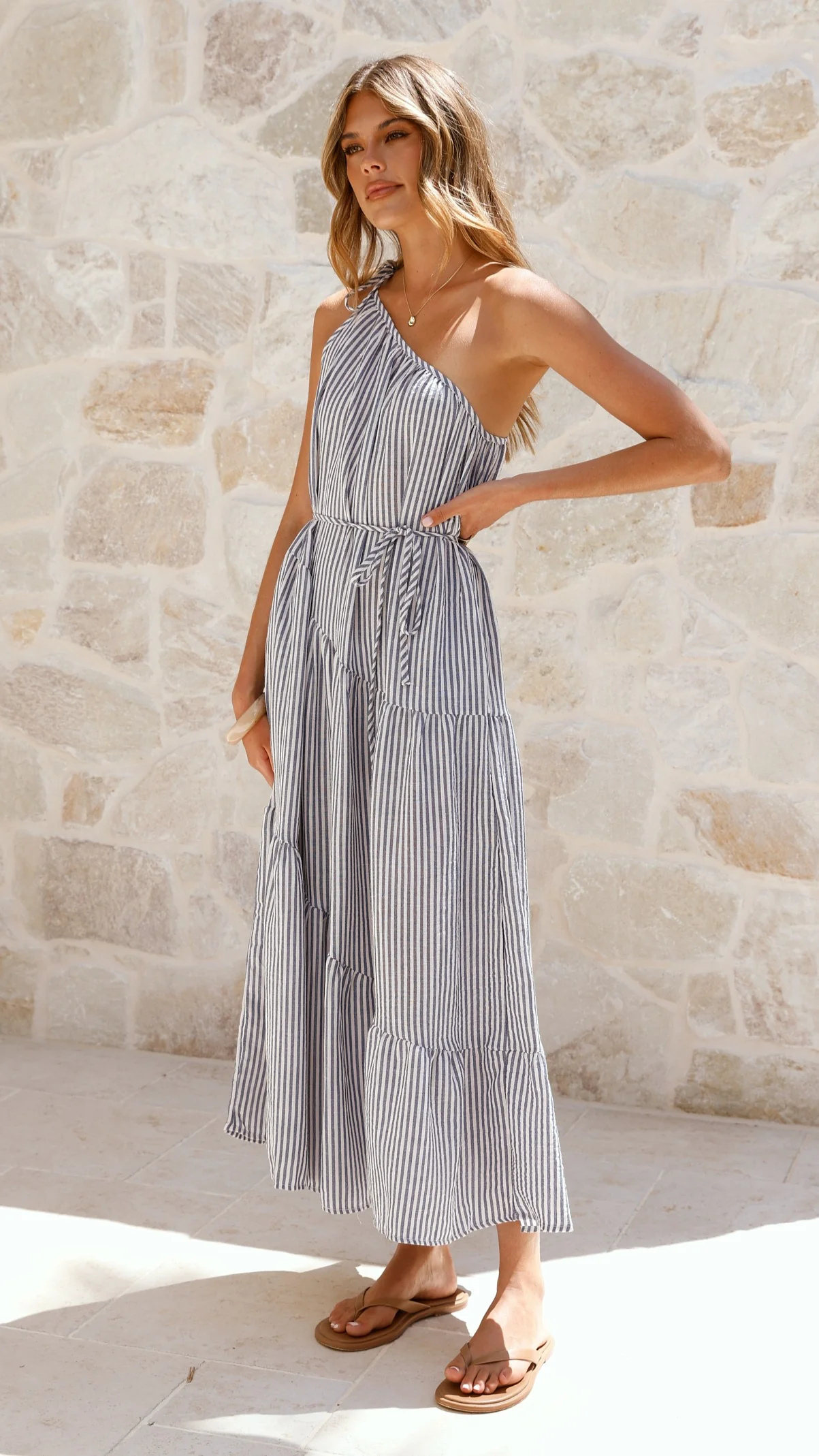 Wendy One Shoulder Maxi Dress - Blue / White Stripe - Image 3