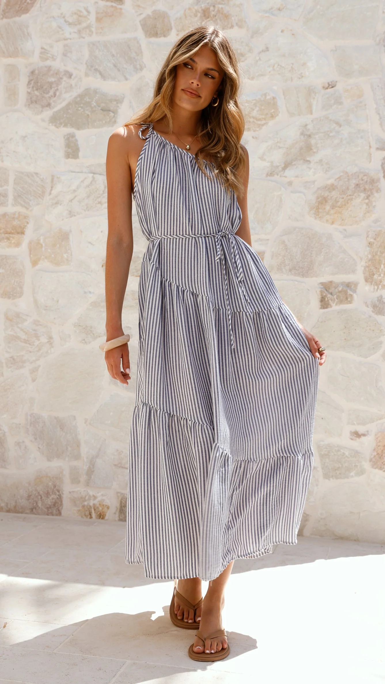 Wendy One Shoulder Maxi Dress - Blue / White Stripe - Image 5