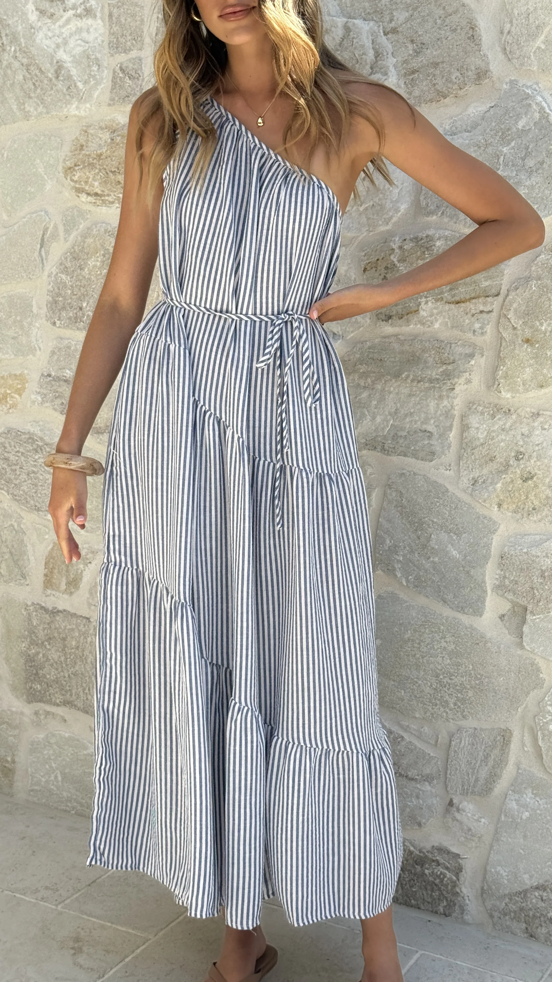 Wendy One Shoulder Maxi Dress - Blue / White Stripe - Image 6