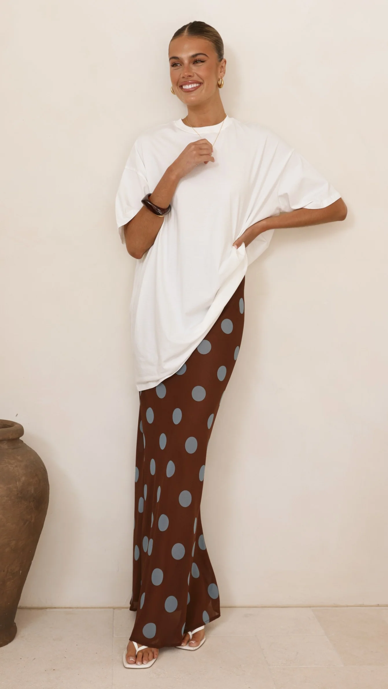 Yumi Oversized Tee and Sheer Skirt Set - White/Brown/Blue Polka