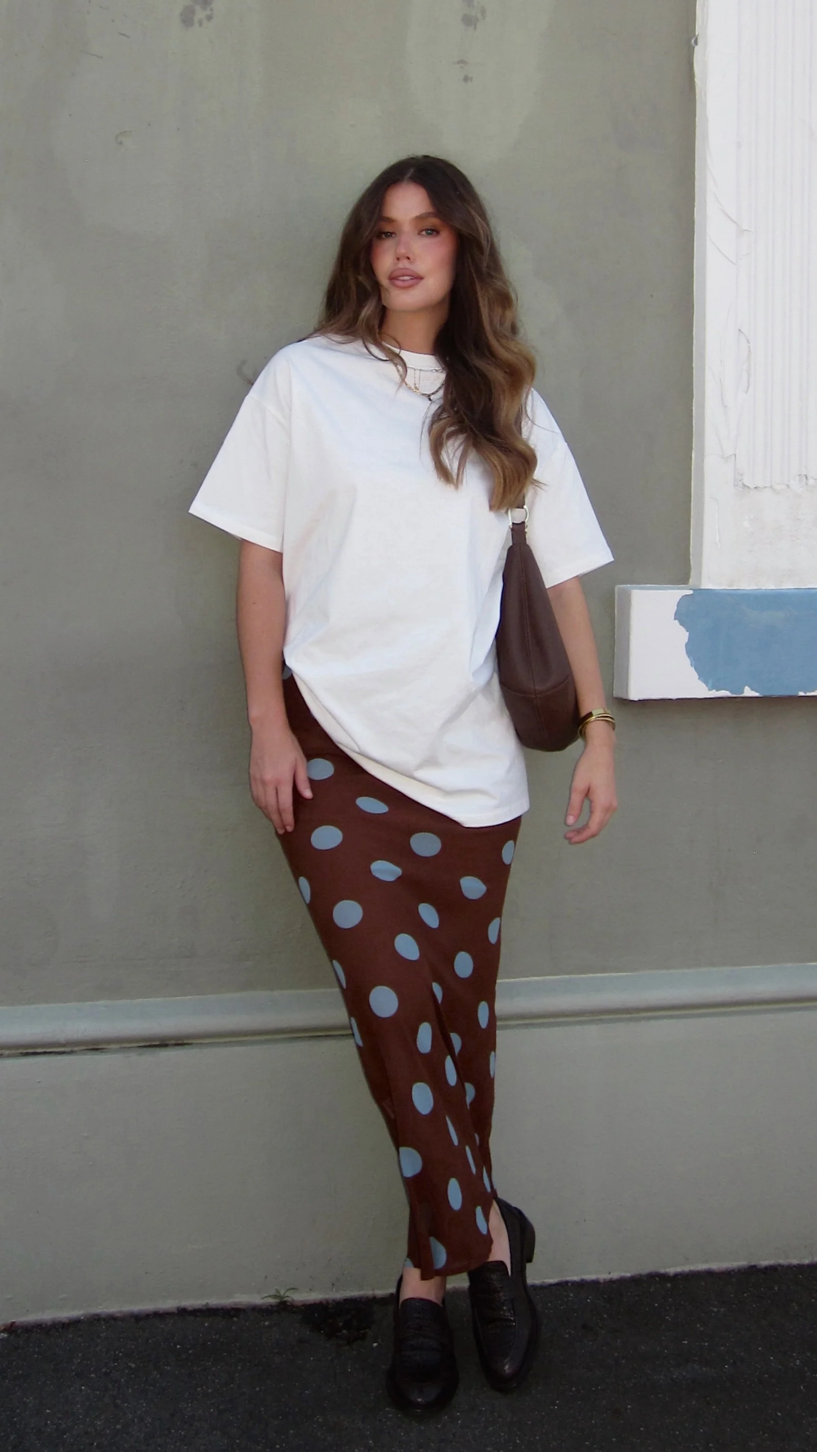 Yumi Oversized Tee and Sheer Skirt Set - White/Brown/Blue Polka - Image 13