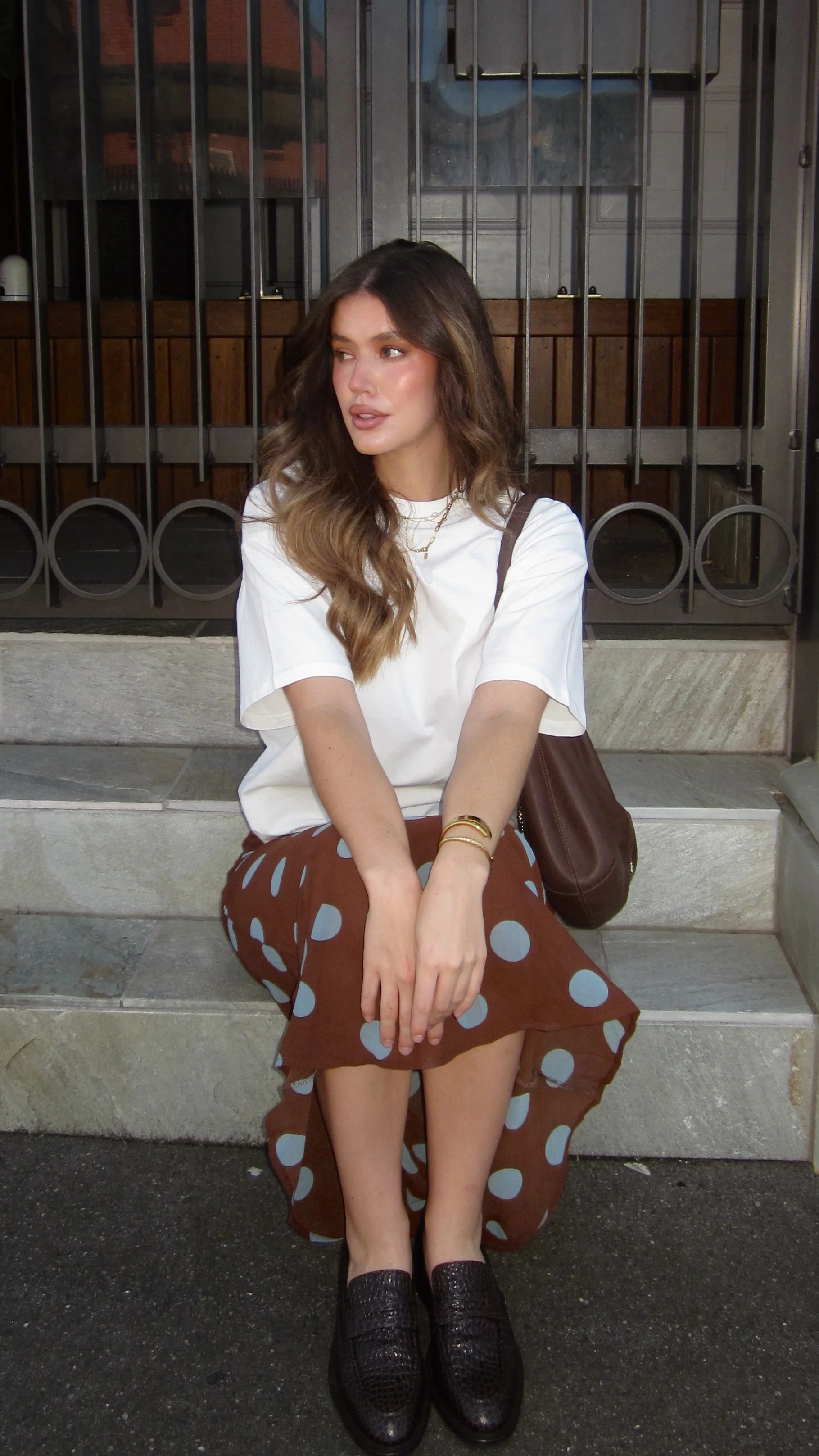 Yumi Oversized Tee and Sheer Skirt Set - White/Brown/Blue Polka - Image 14