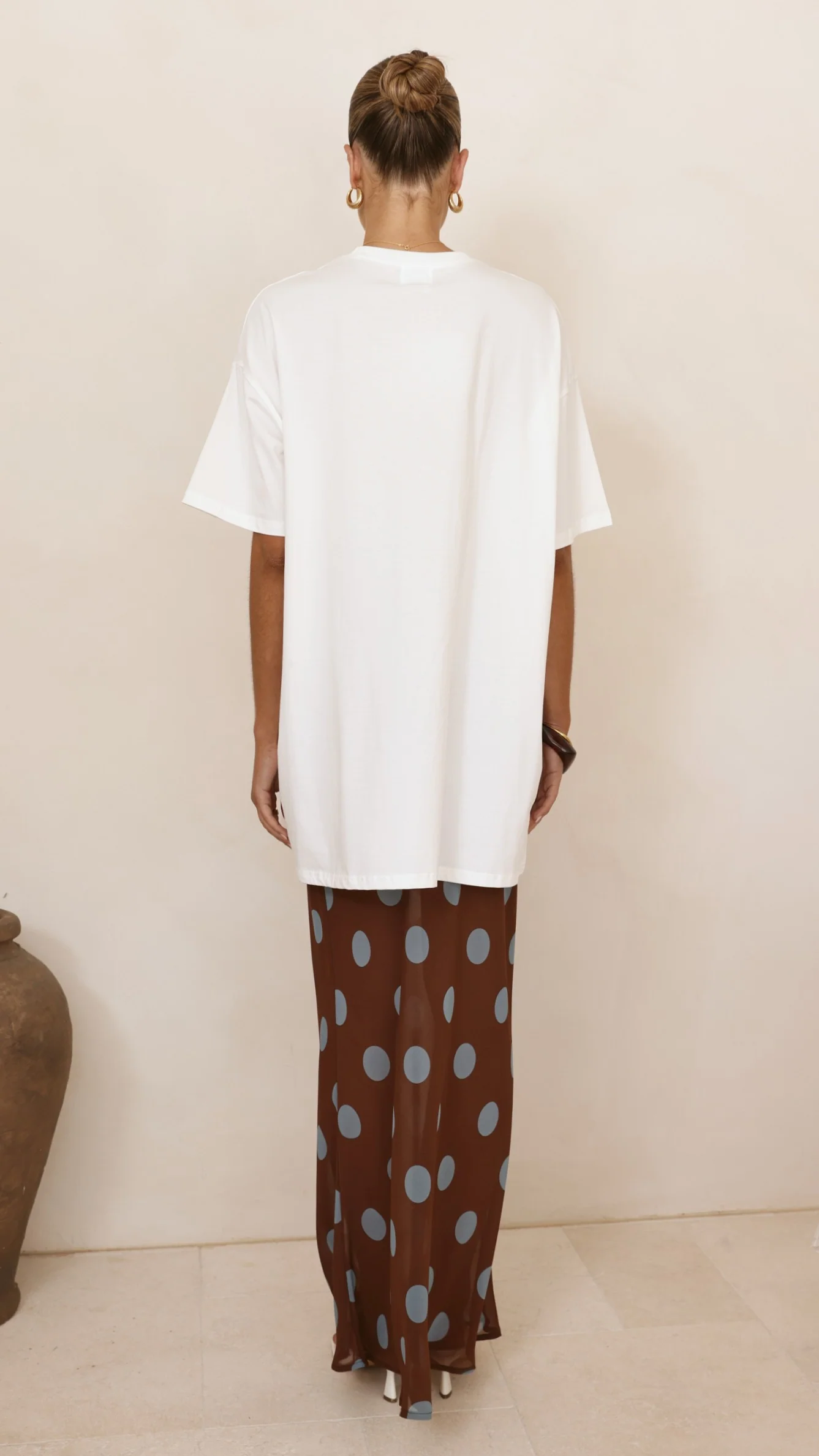Yumi Oversized Tee and Sheer Skirt Set - White/Brown/Blue Polka - Image 2