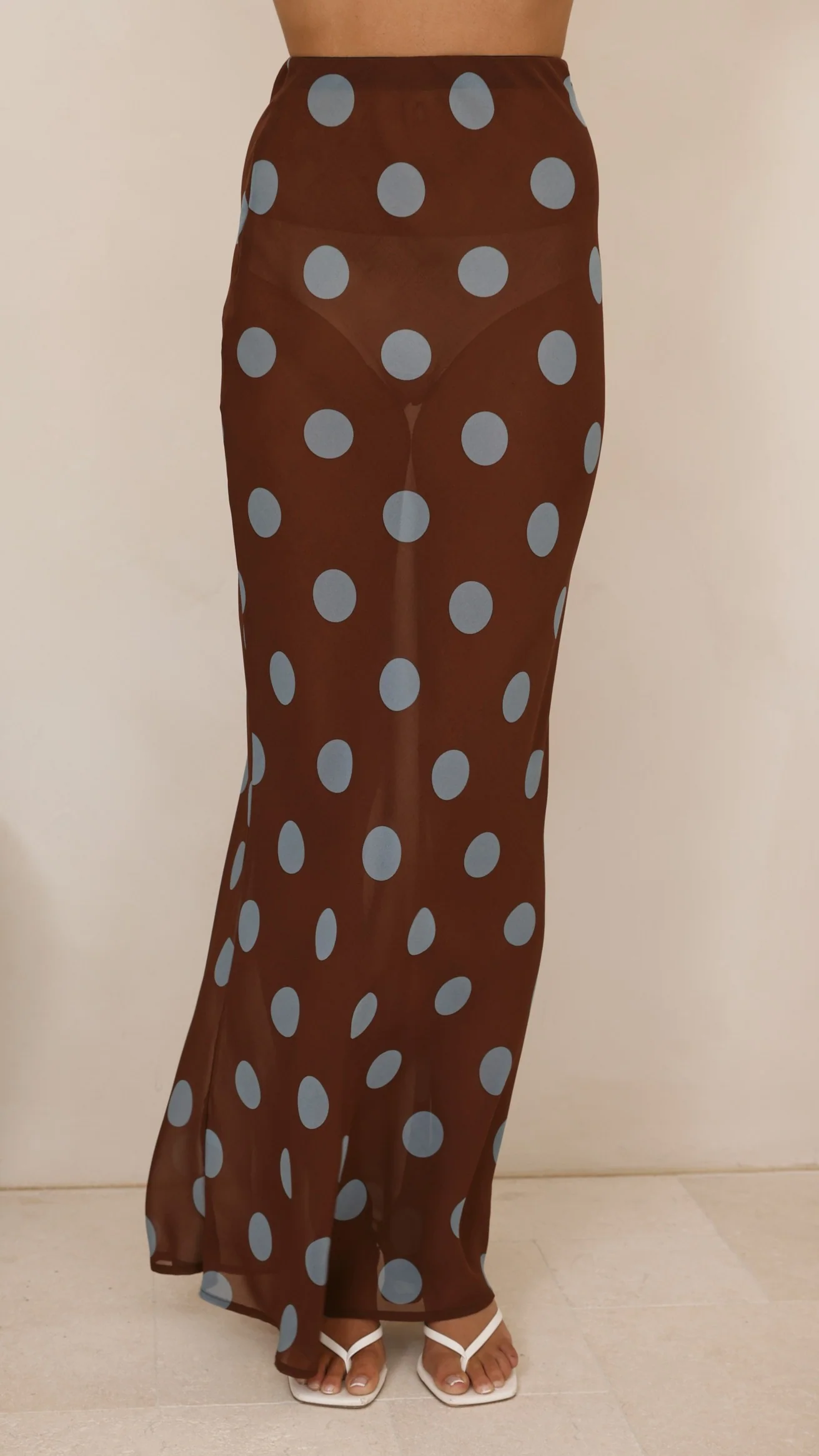 Yumi Oversized Tee and Sheer Skirt Set - White/Brown/Blue Polka - Image 3