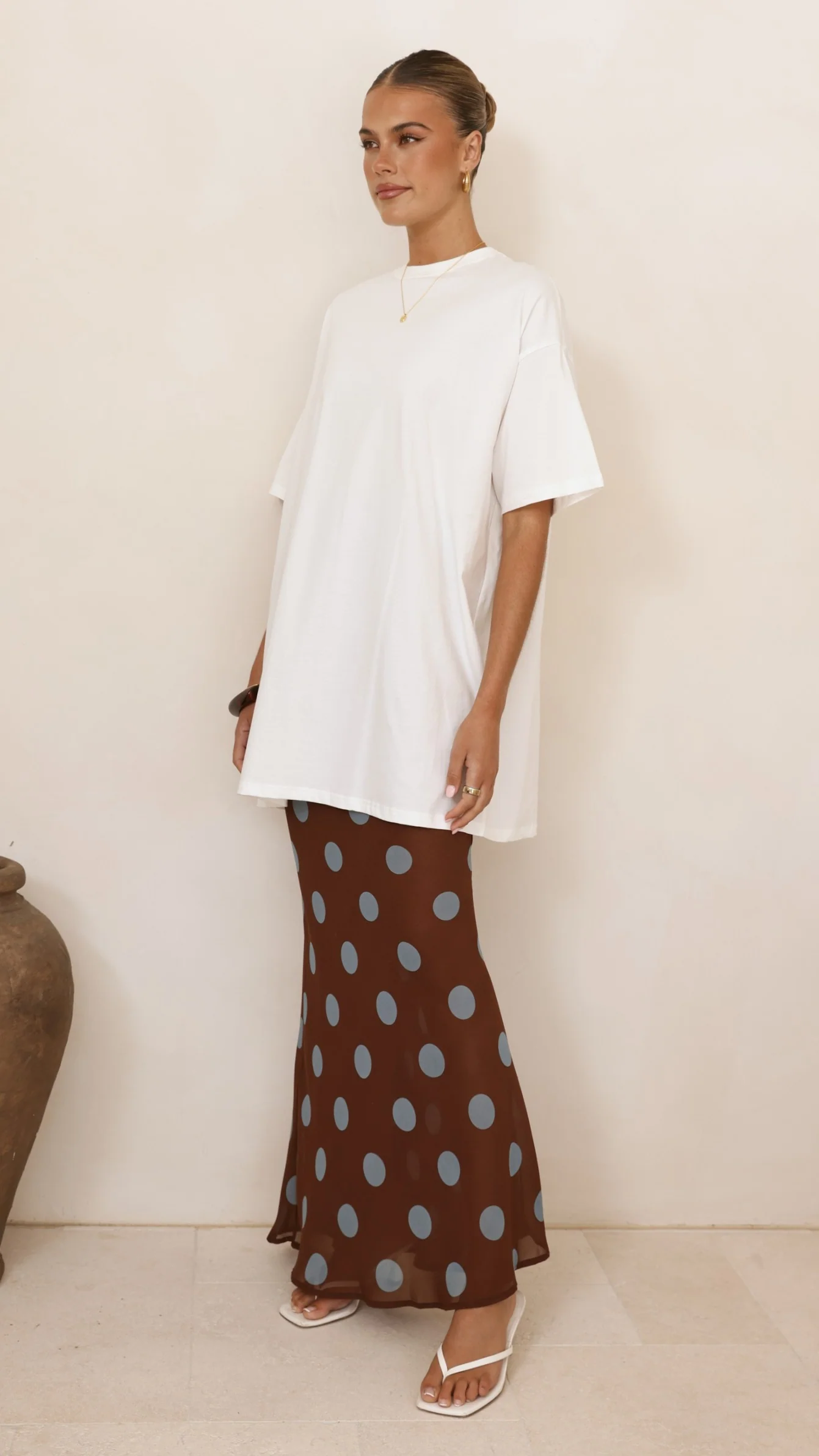 Yumi Oversized Tee and Sheer Skirt Set - White/Brown/Blue Polka - Image 4