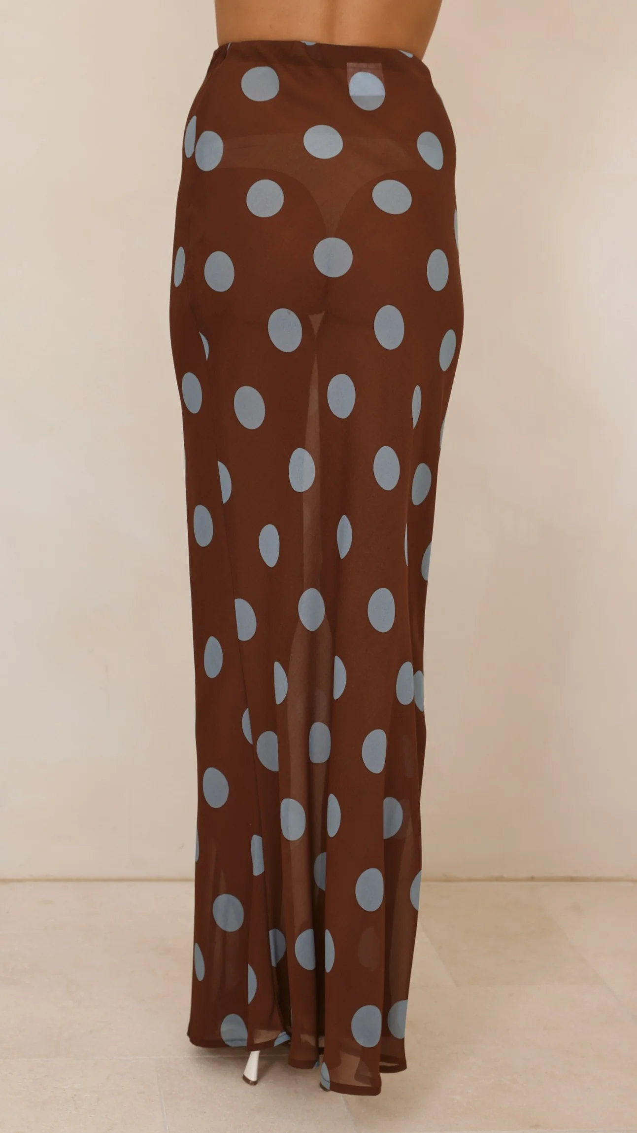 Yumi Oversized Tee and Sheer Skirt Set - White/Brown/Blue Polka - Image 5