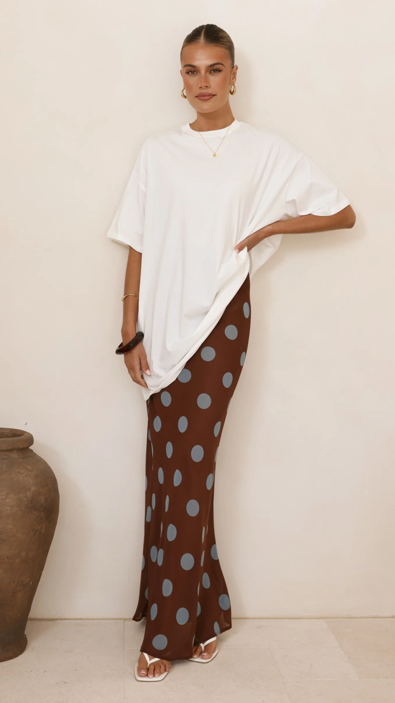 Yumi Oversized Tee and Sheer Skirt Set - White/Brown/Blue Polka - Image 7