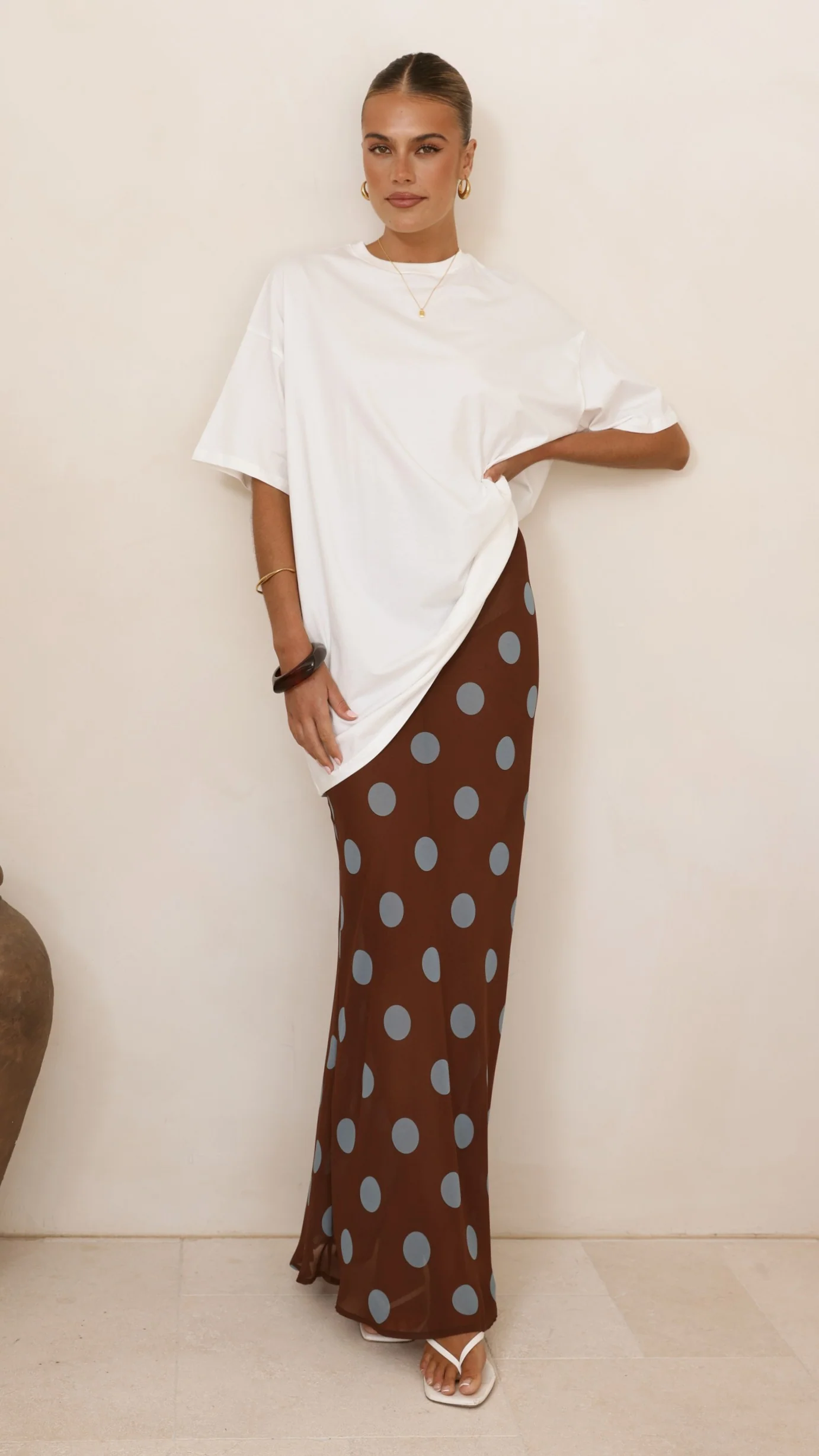 Yumi Oversized Tee and Sheer Skirt Set - White/Brown/Blue Polka - Image 8