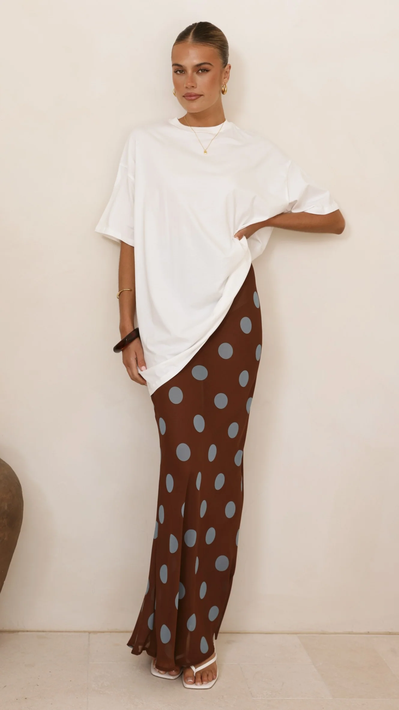 Yumi Oversized Tee and Sheer Skirt Set - White/Brown/Blue Polka - Image 9