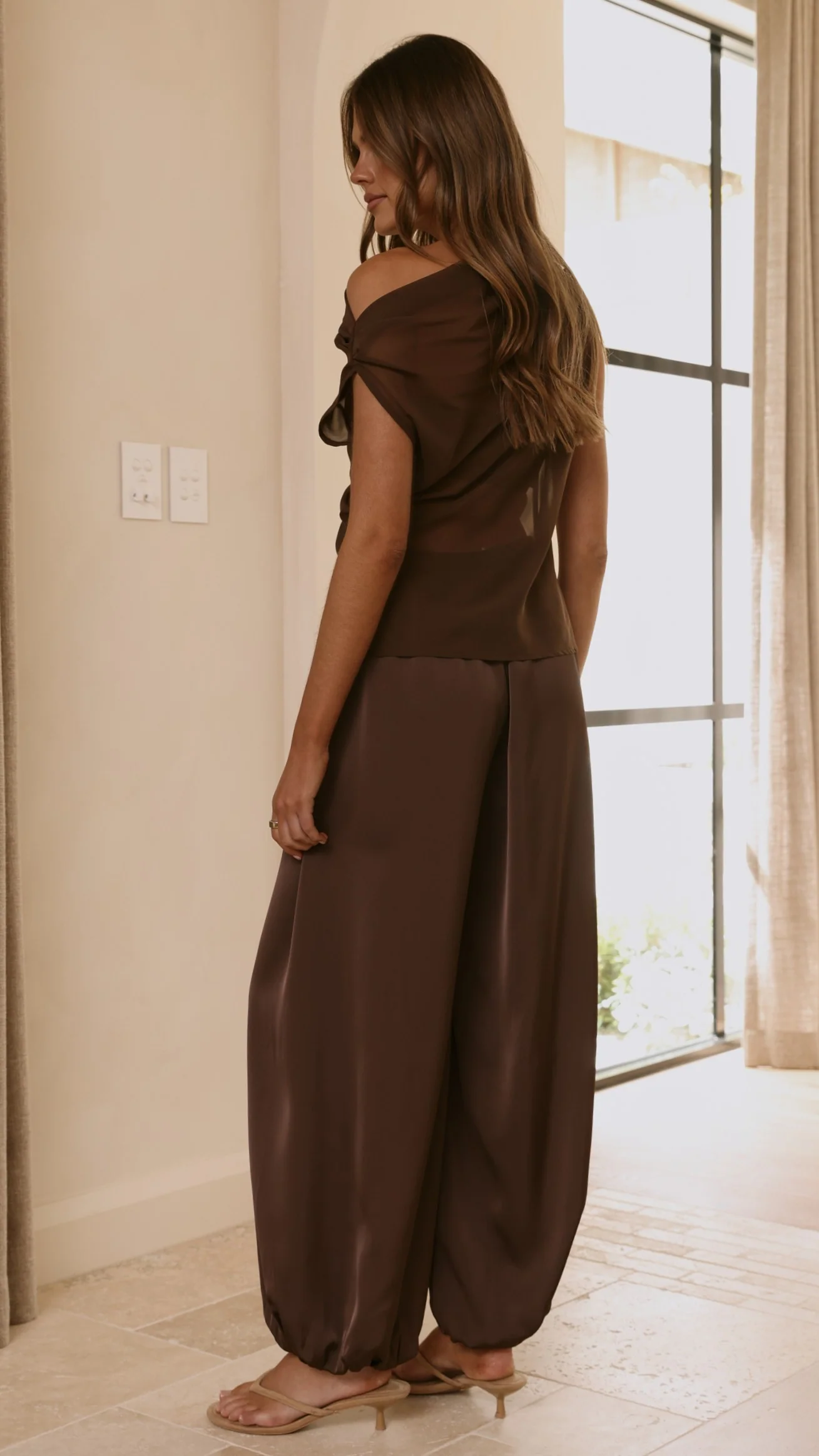 Zabella Sheer Off Shoulder Top - Chocolate - Image 2