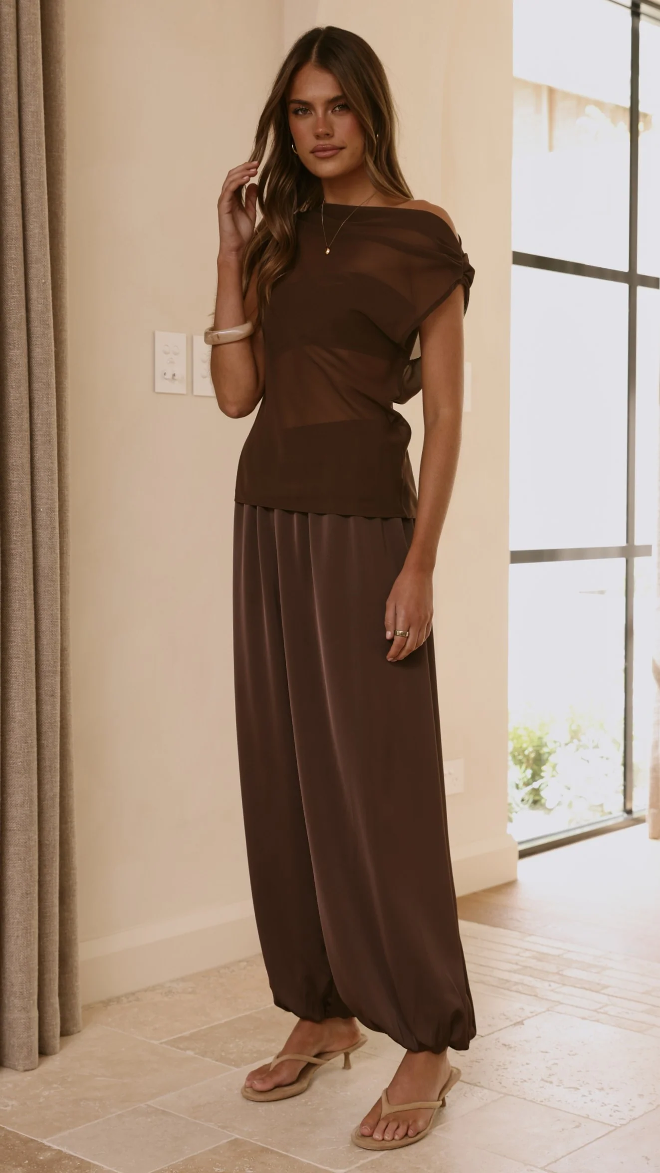 Zabella Sheer Off Shoulder Top - Chocolate - Image 6