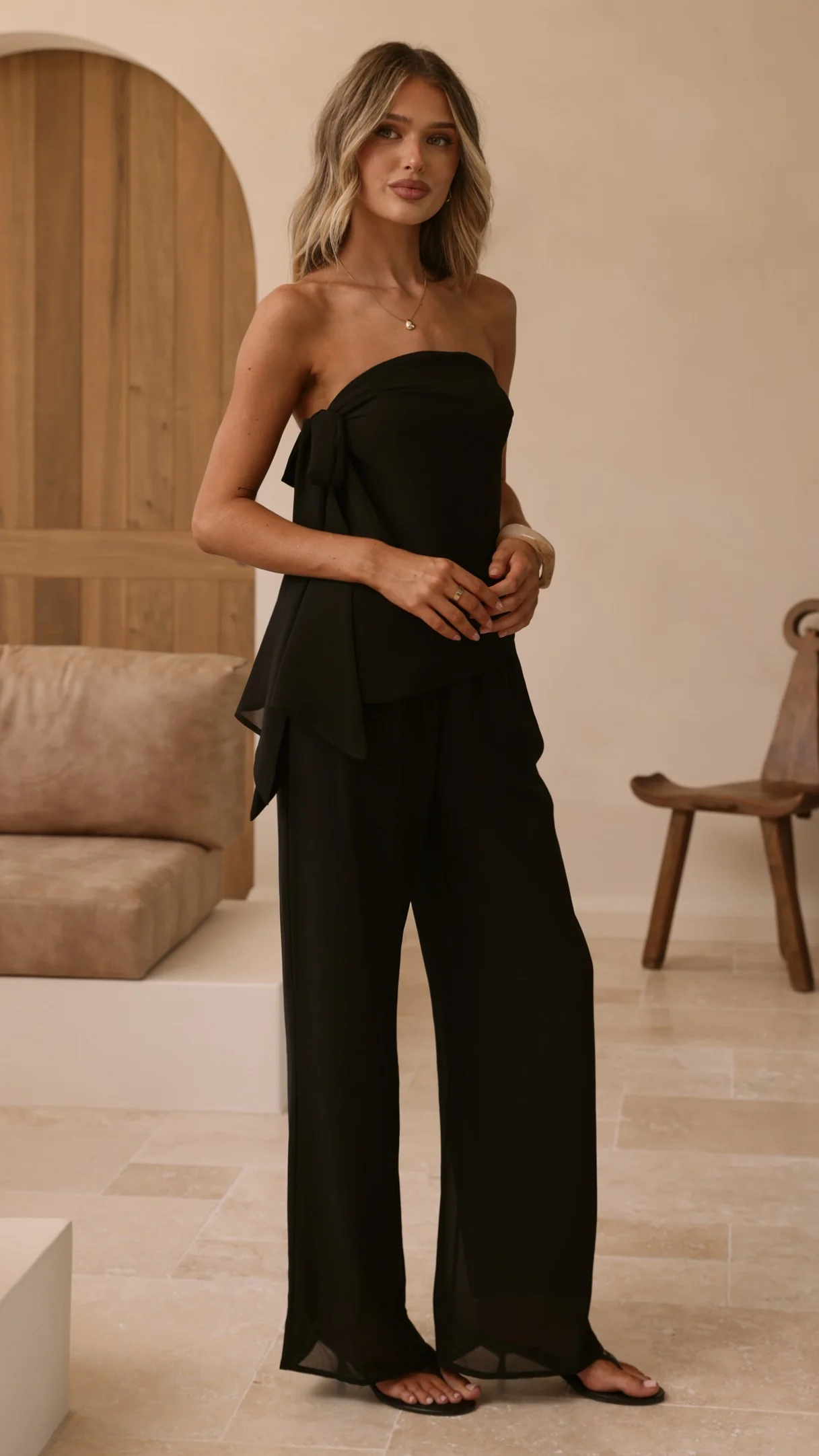 Zabrina Semi Sheer Strapless Top and Pants Set - Black - Image 3