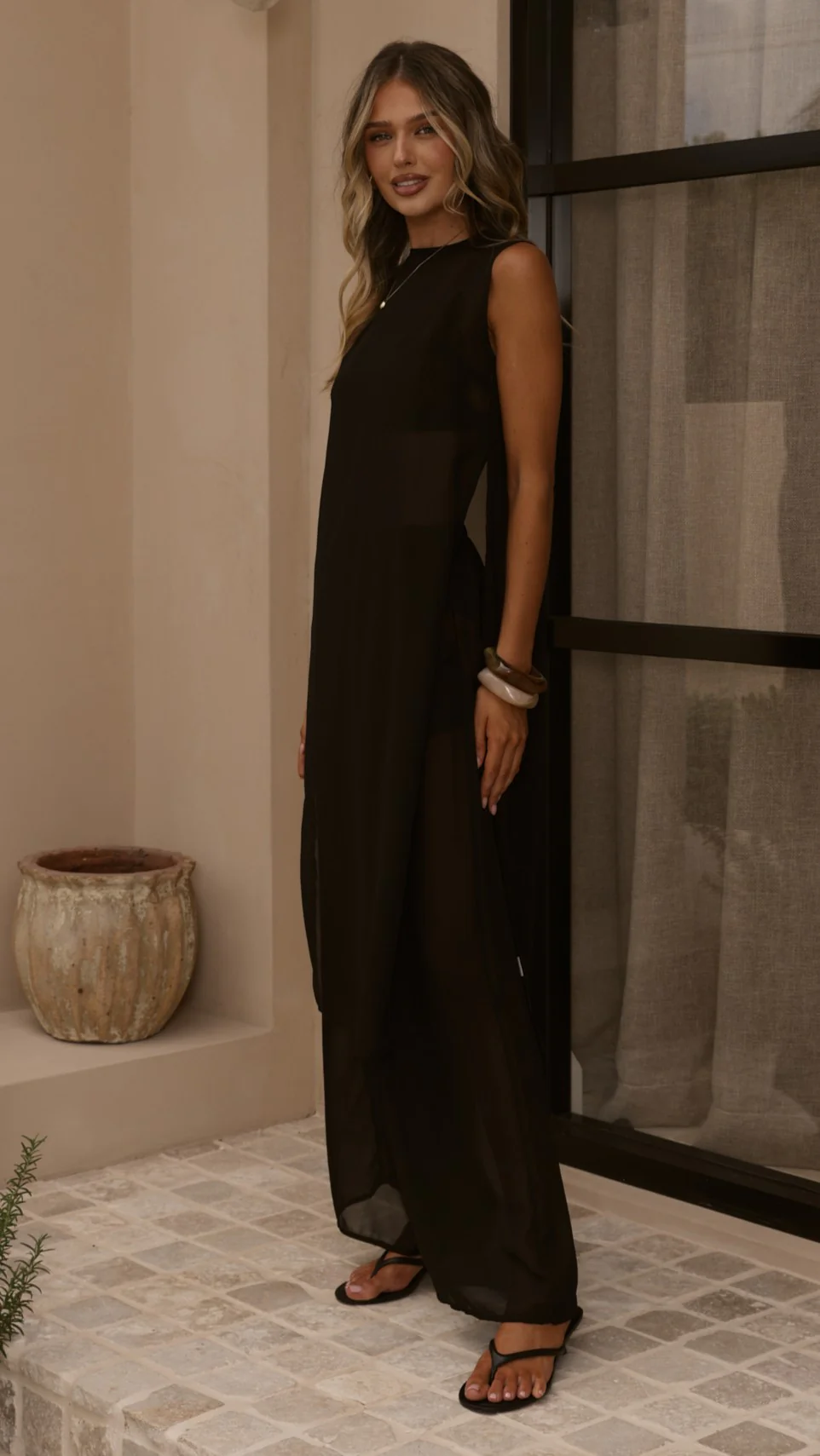 Zaire Long Line Sheer Top and Pants Set - Black - Image 7