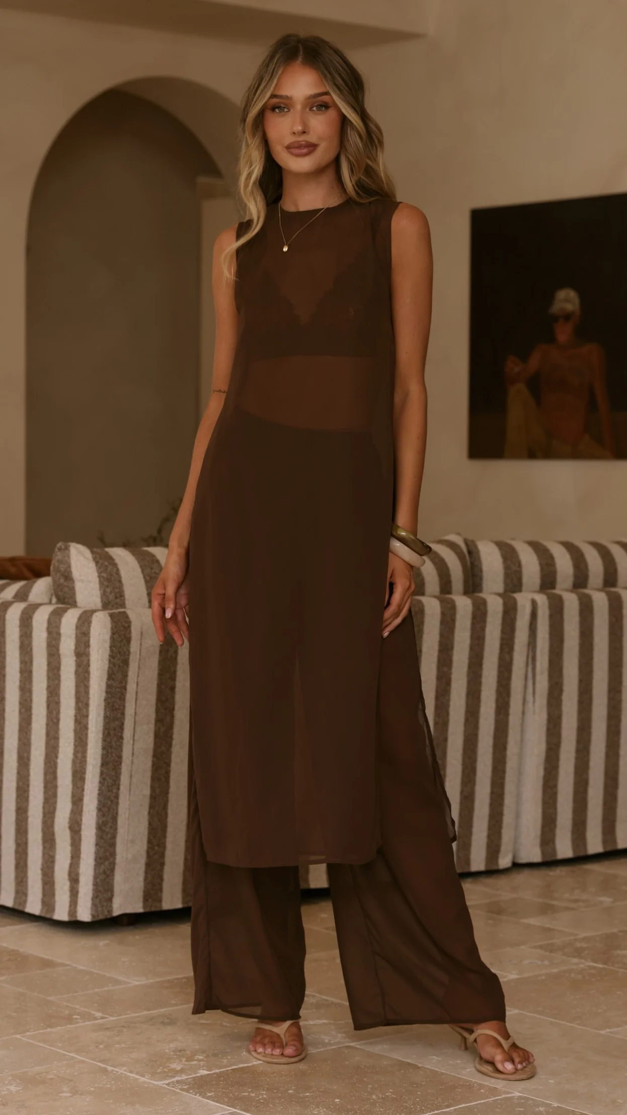 Zaire Long Line Sheer Top and Pants Set - Chocolate - Image 2
