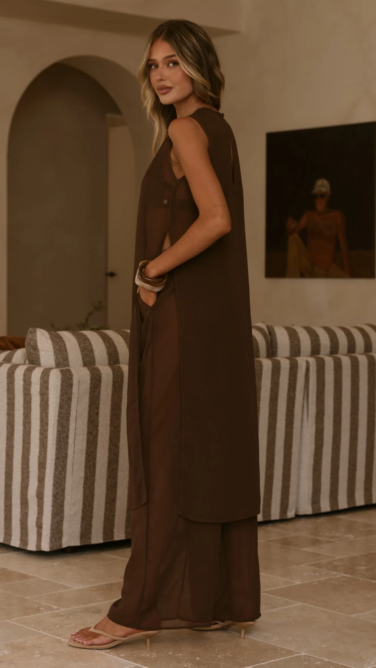 Zaire Long Line Sheer Top and Pants Set - Chocolate - Image 3