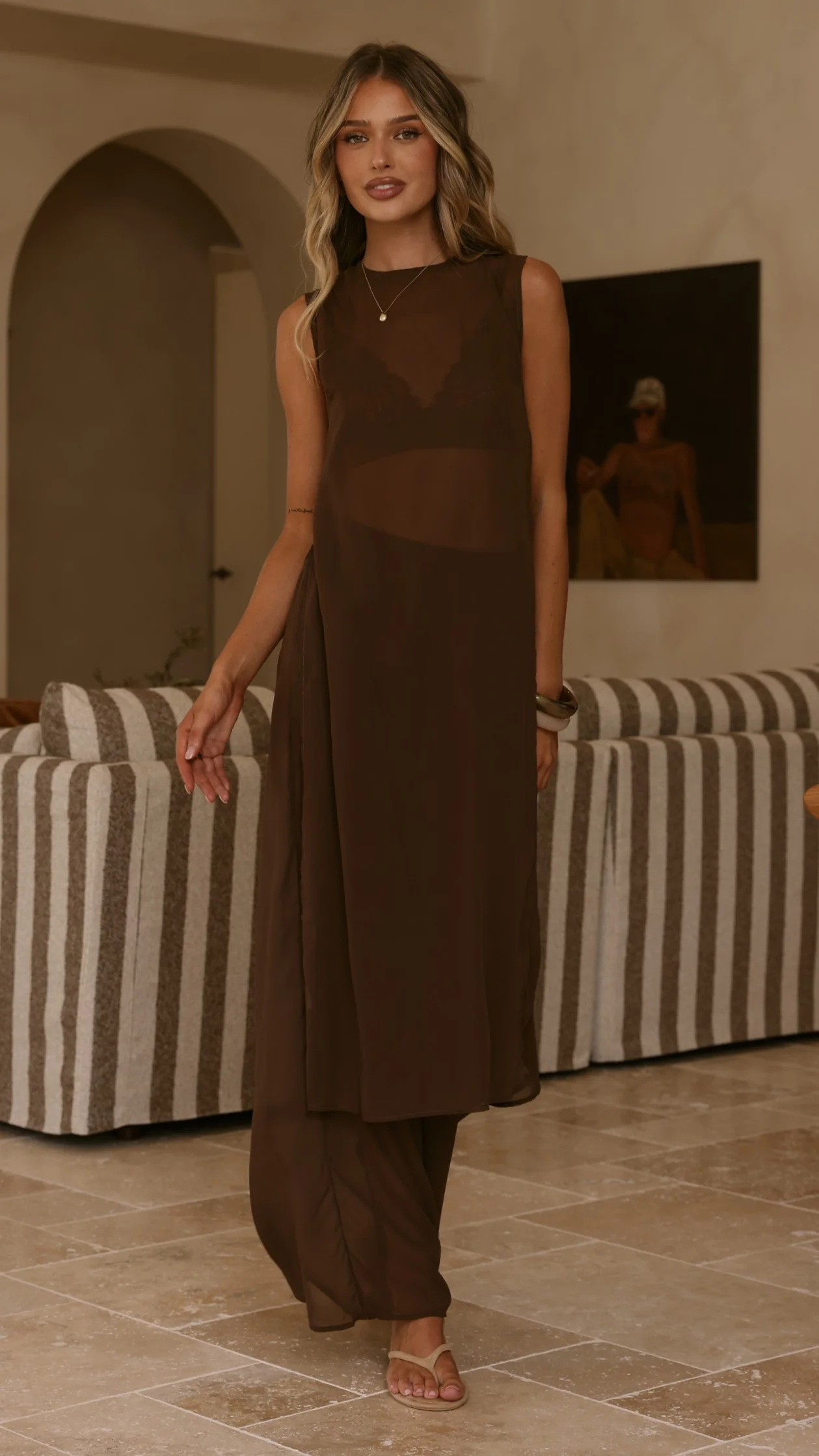 Zaire Long Line Sheer Top and Pants Set - Chocolate - Image 6