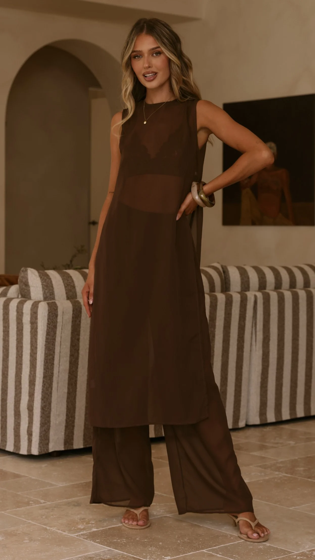 Zaire Long Line Sheer Top and Pants Set - Chocolate - Image 7