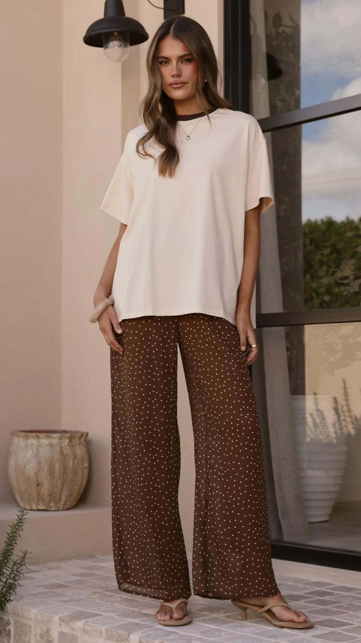 Zavier Oversized T-Shirt and Polka Dot Pants Set - Beige/Chocolate - Image 10