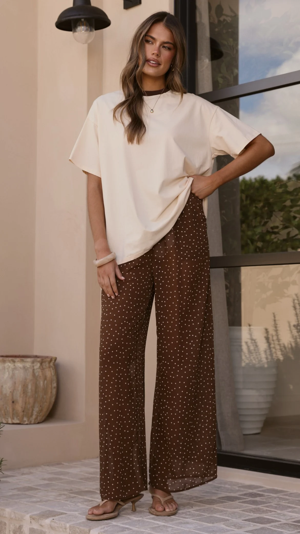 Zavier Oversized T-Shirt and Polka Dot Pants Set - Beige/Chocolate - Image 11