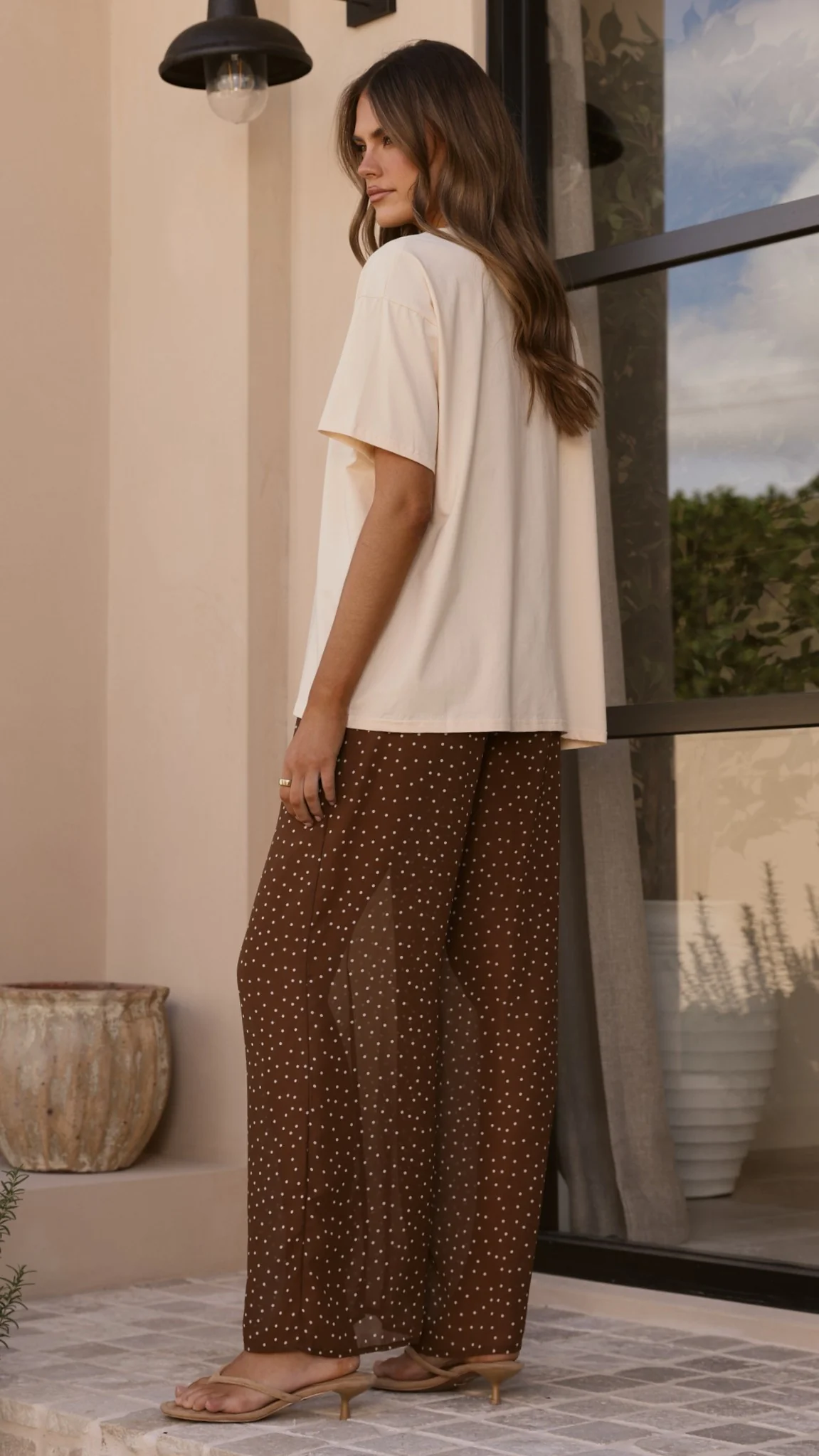 Zavier Oversized T-Shirt and Polka Dot Pants Set - Beige/Chocolate - Image 2