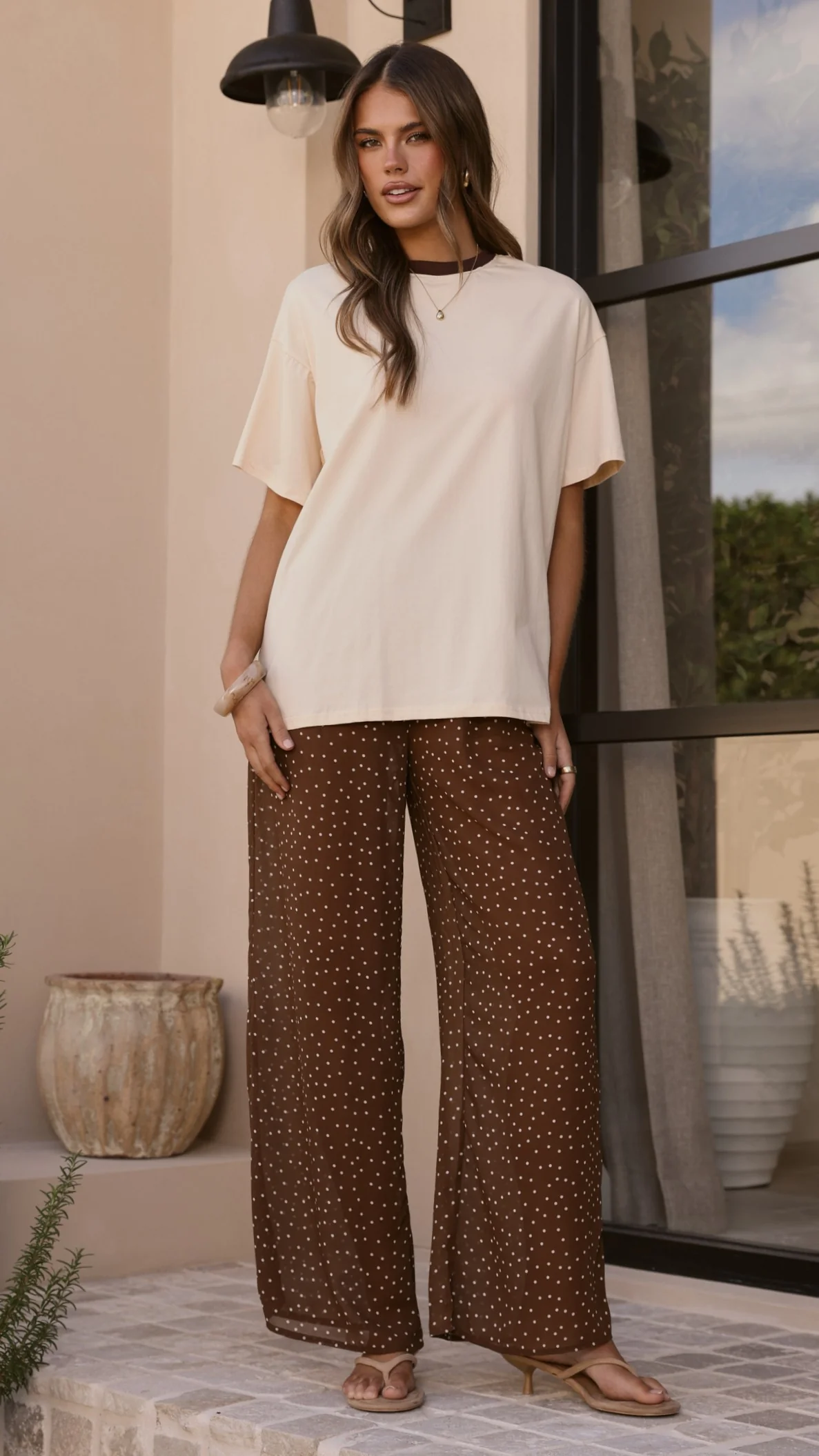 Zavier Oversized T-Shirt and Polka Dot Pants Set - Beige/Chocolate - Image 9
