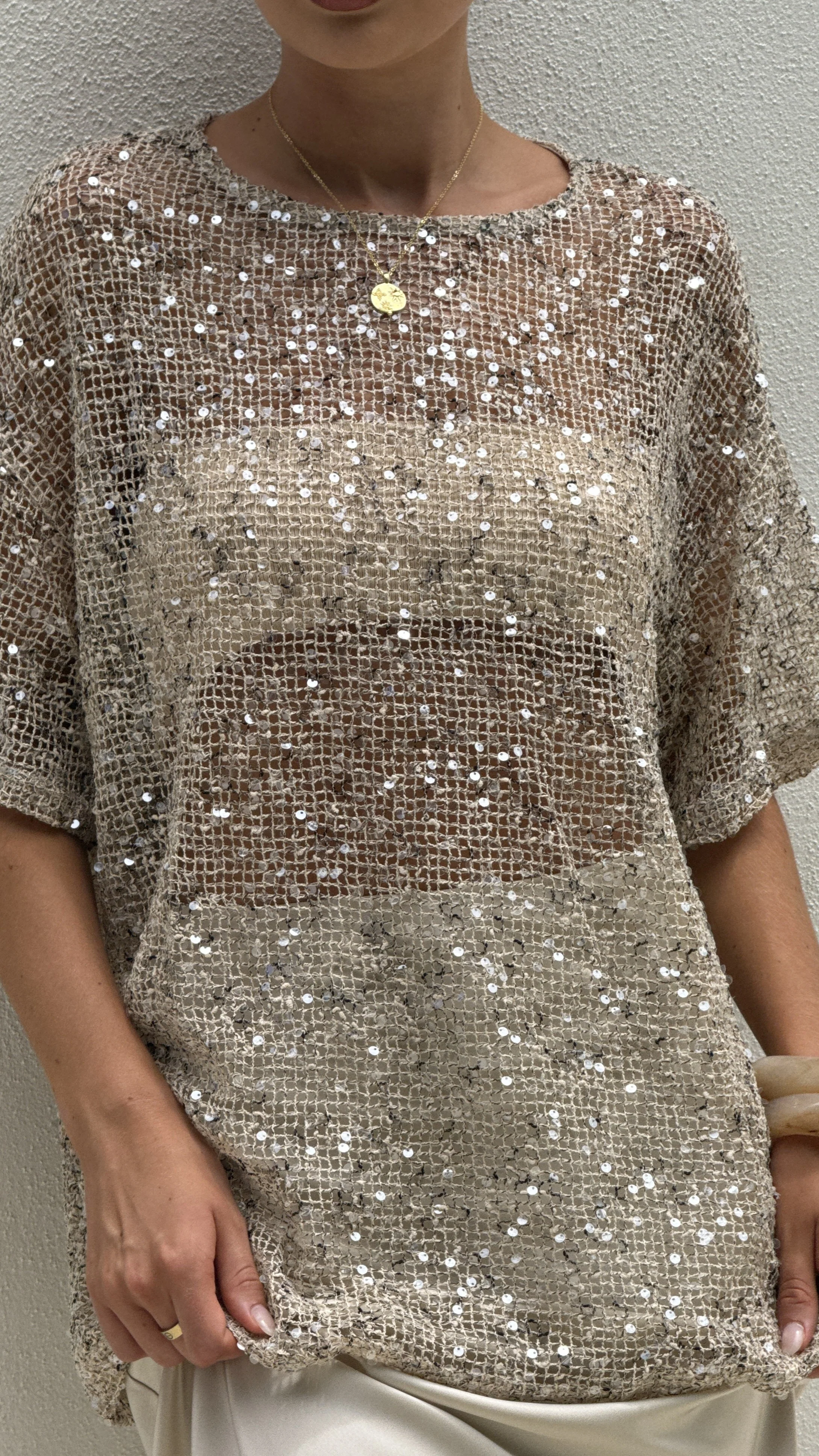 Zinnia Oversized Sequins Tee - Beige - Image 10