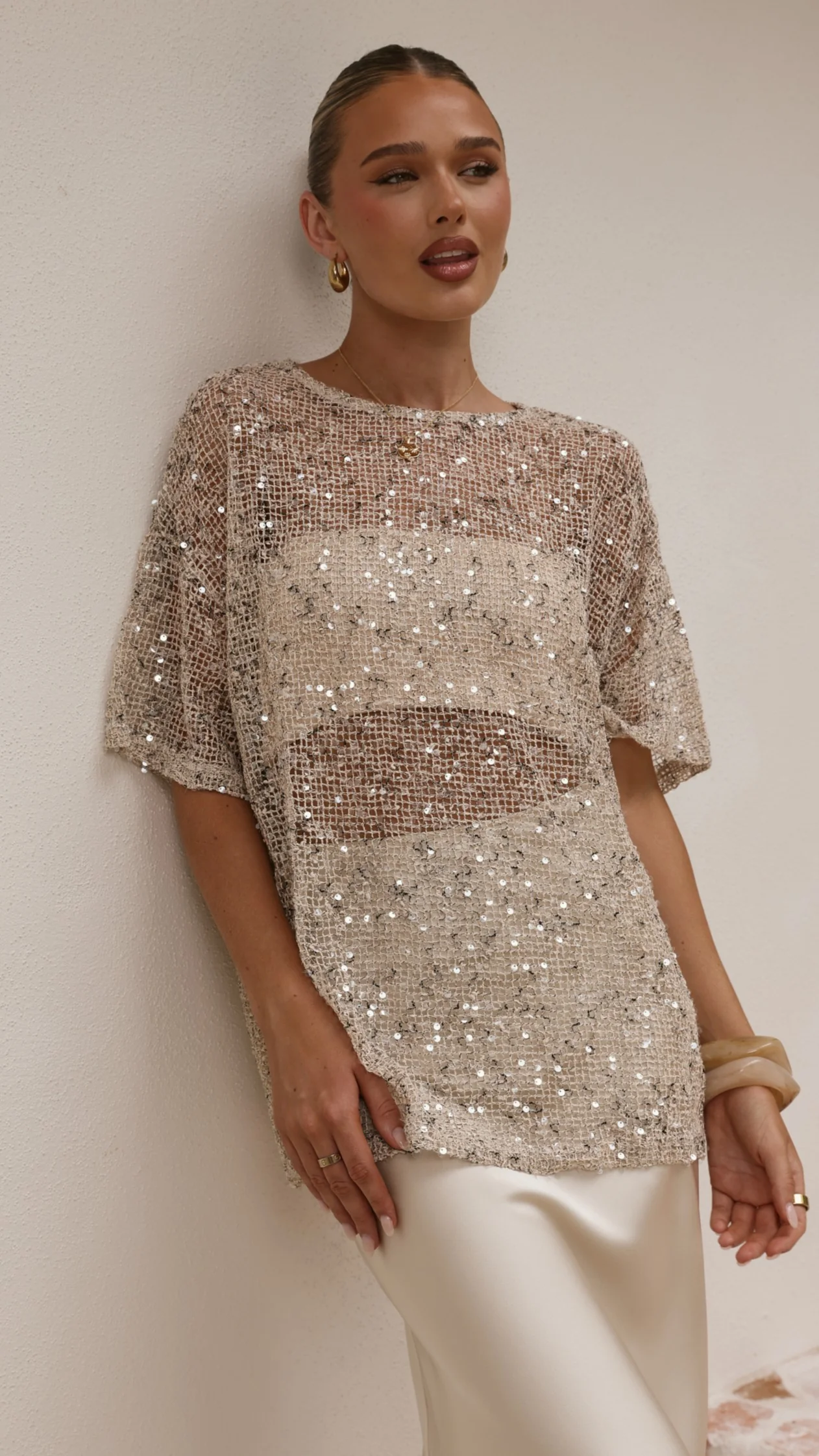Zinnia Oversized Sequins Tee - Beige - Image 12