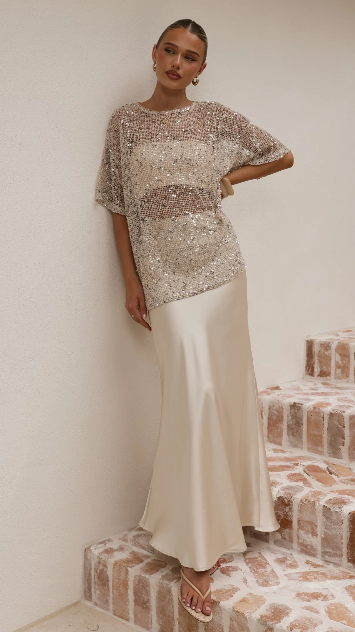 Zinnia Oversized Sequins Tee - Beige - Image 13
