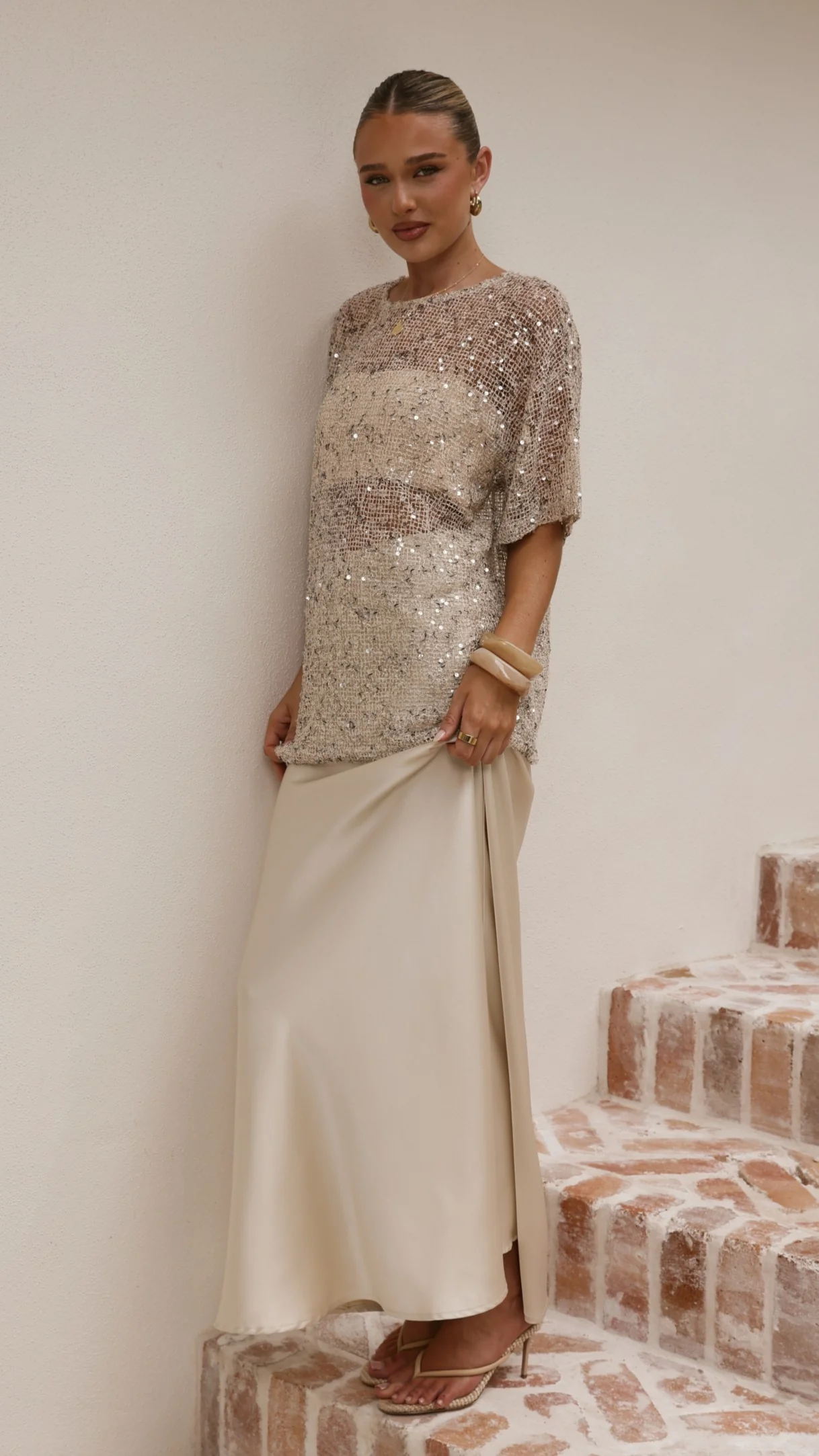 Zinnia Oversized Sequins Tee - Beige - Image 14
