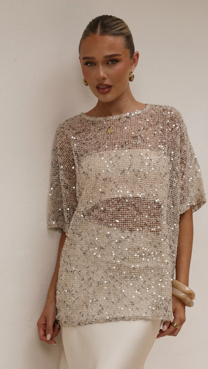 Zinnia Oversized Sequins Tee - Beige - Image 17