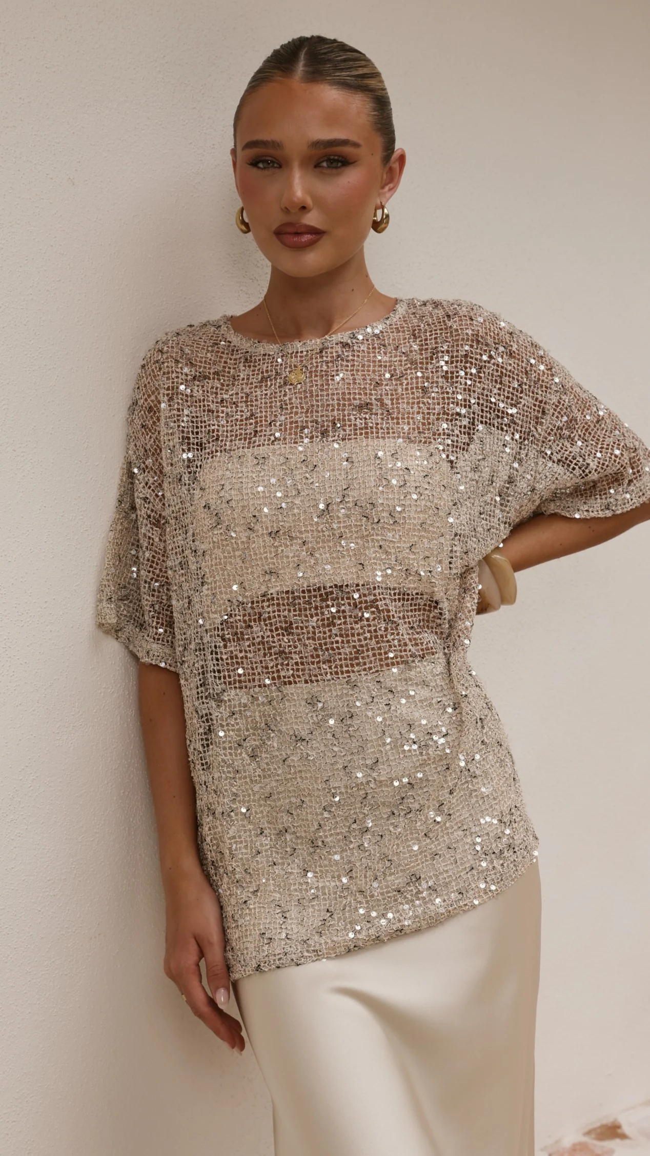 Zinnia Oversized Sequins Tee - Beige - Image 9