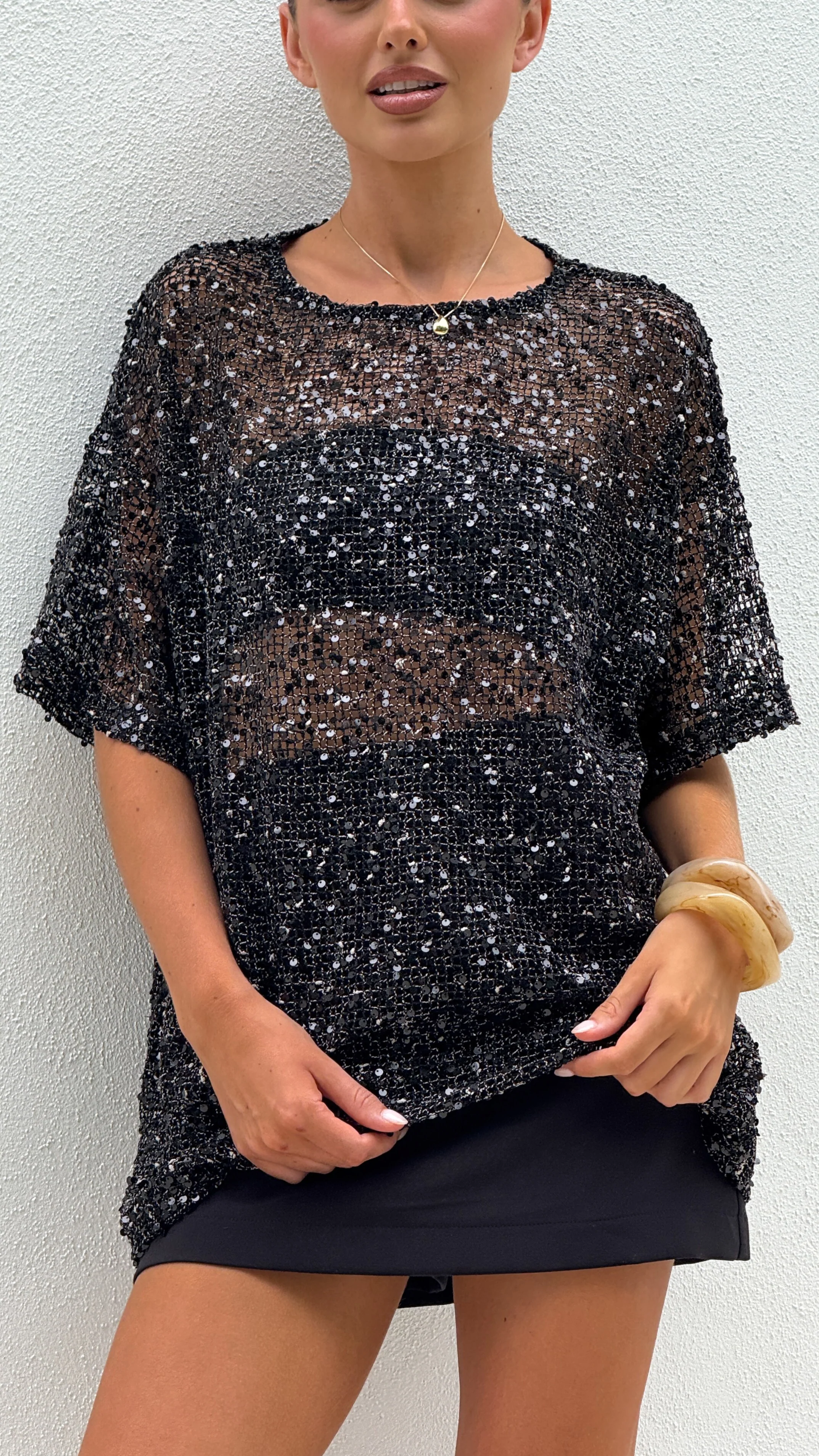 Zinnia Oversized Sequins Tee - Black - Image 5