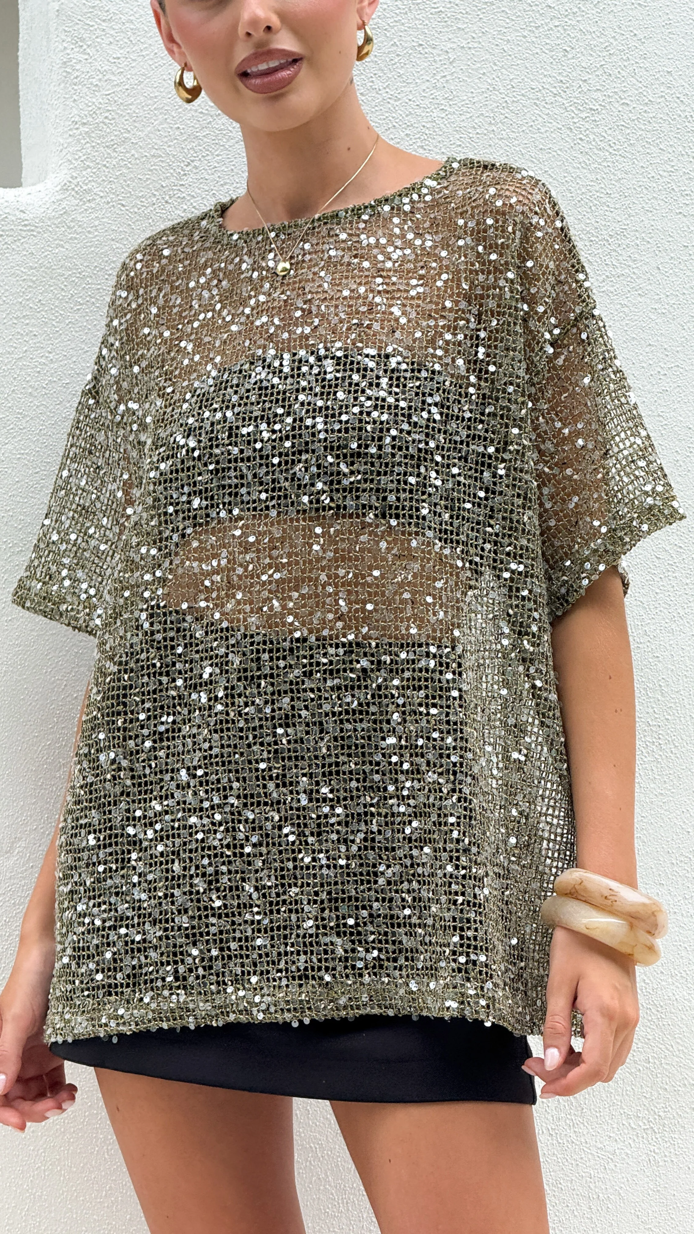 Zinnia Oversized Sequins Tee - Khaki - Image 7