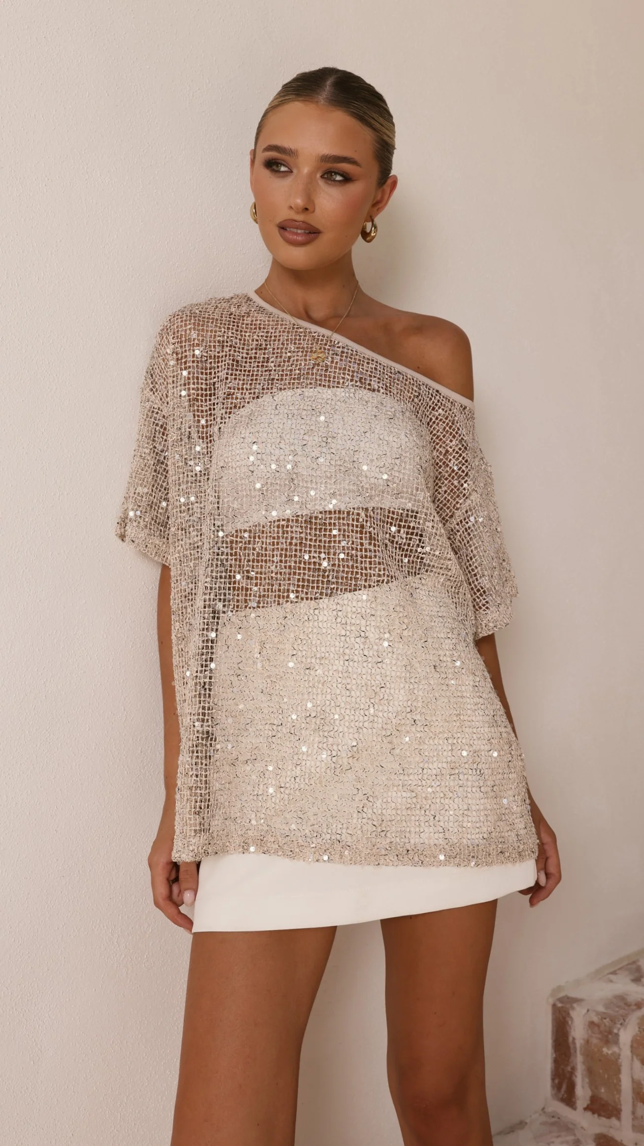 Zinnie Sequins Off Shoulder Top - Beige - Image 8