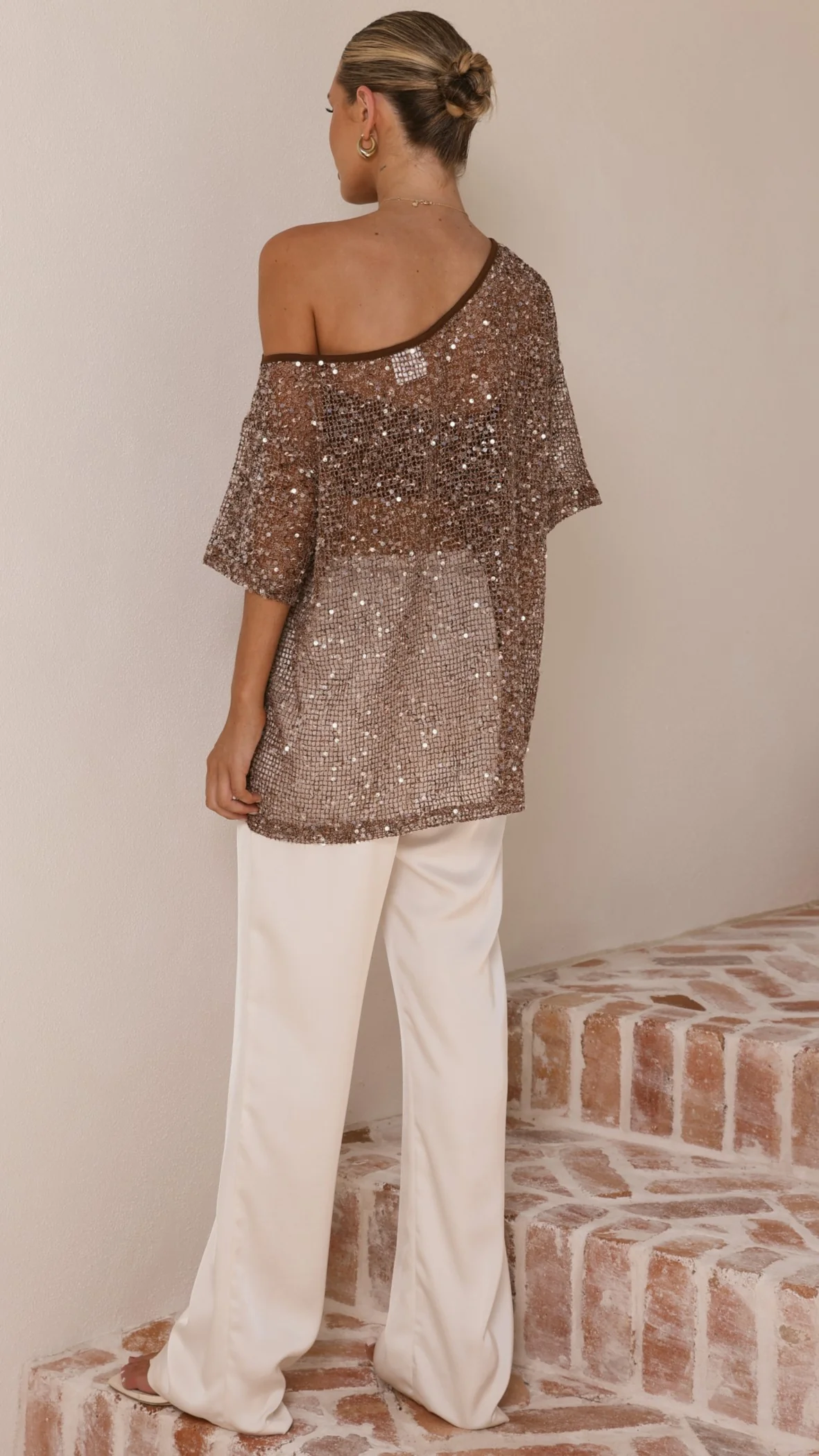 Zinnie Sequins Off Shoulder Top - Mocha - Image 2