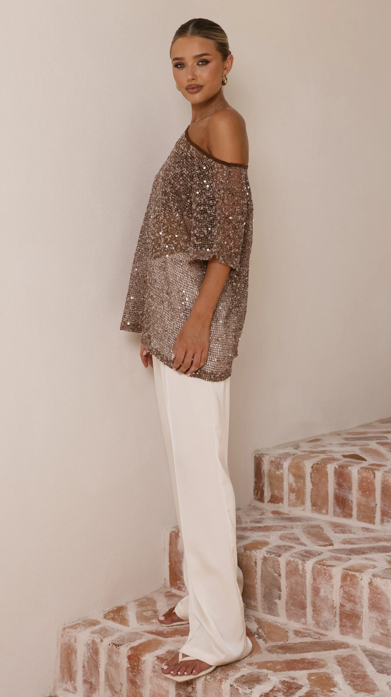 Zinnie Sequins Off Shoulder Top - Mocha - Image 3