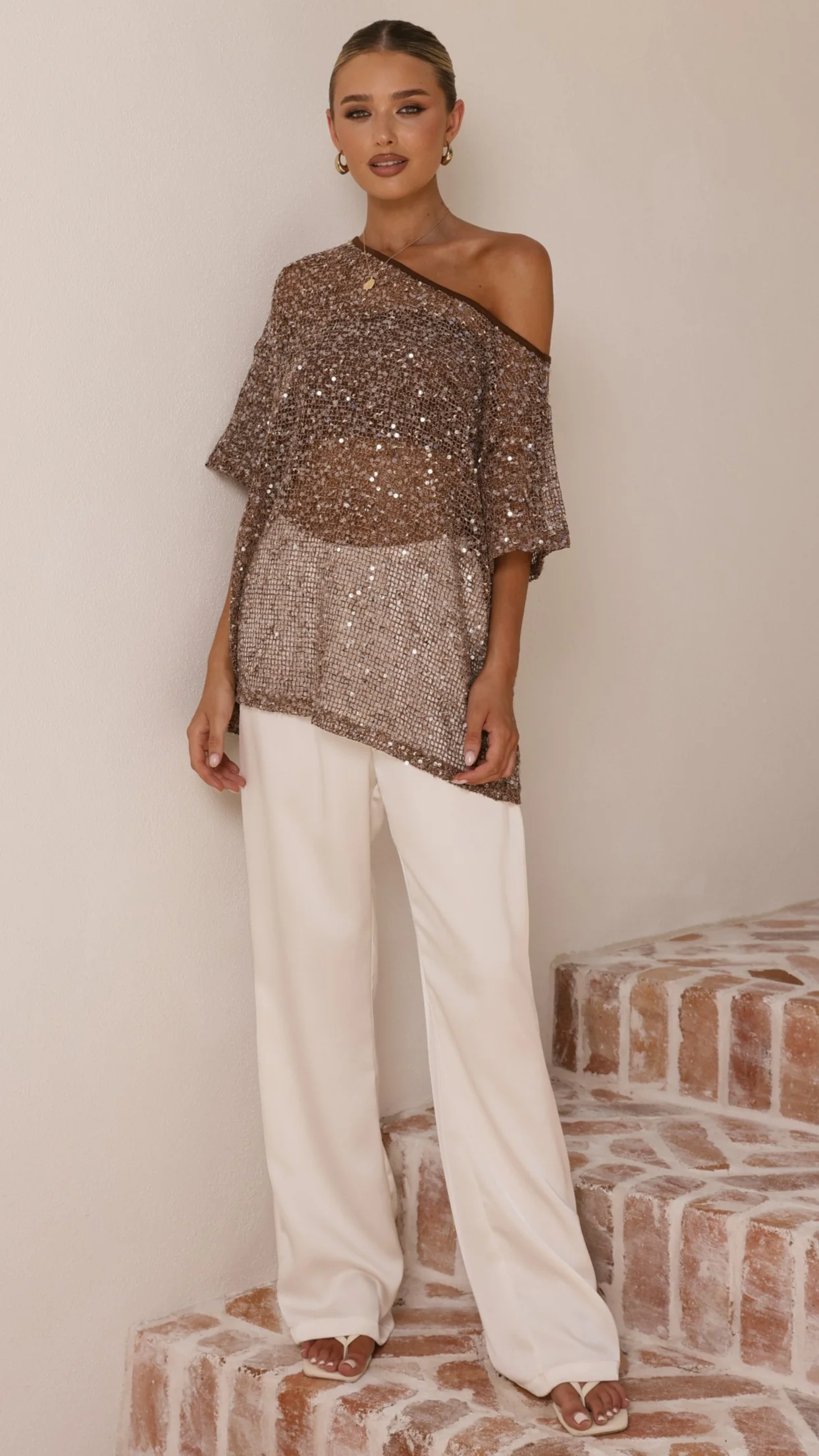 Zinnie Sequins Off Shoulder Top - Mocha - Image 4