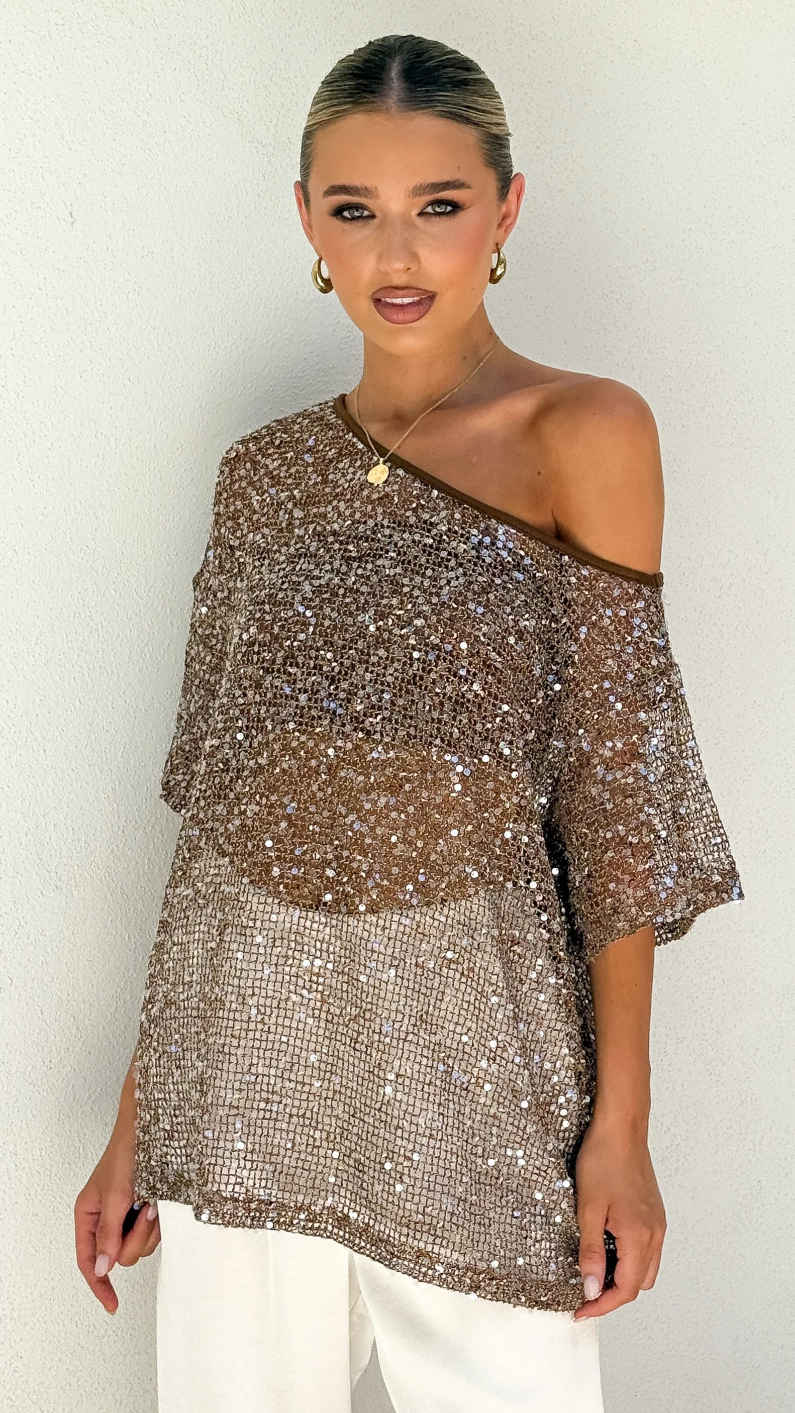 Zinnie Sequins Off Shoulder Top - Mocha - Image 5