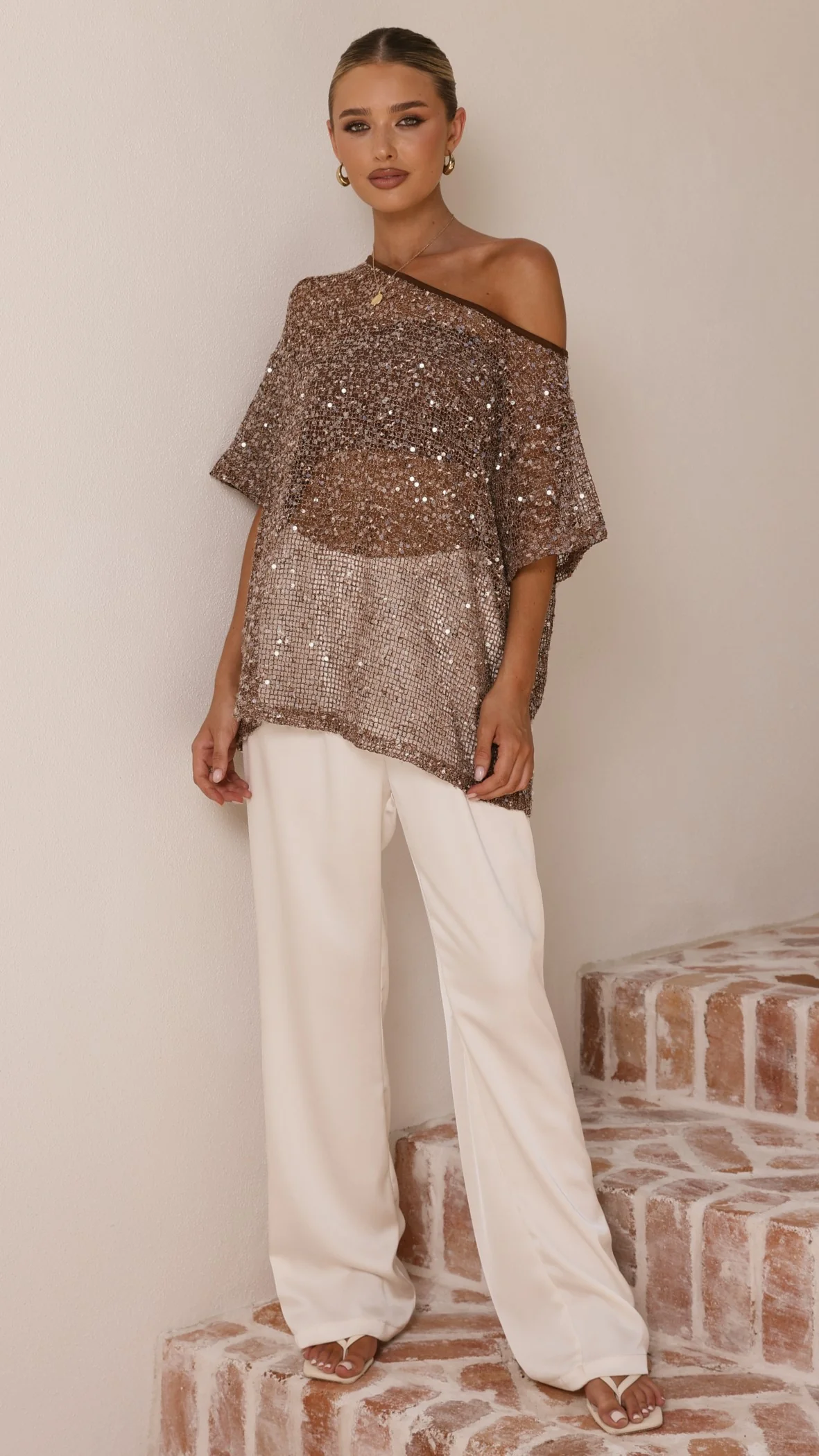 Zinnie Sequins Off Shoulder Top - Mocha - Image 6