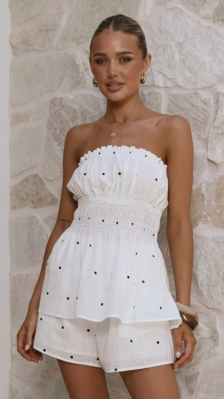Ziva Strapless Top and Shorts Set - White Polka - Image 4