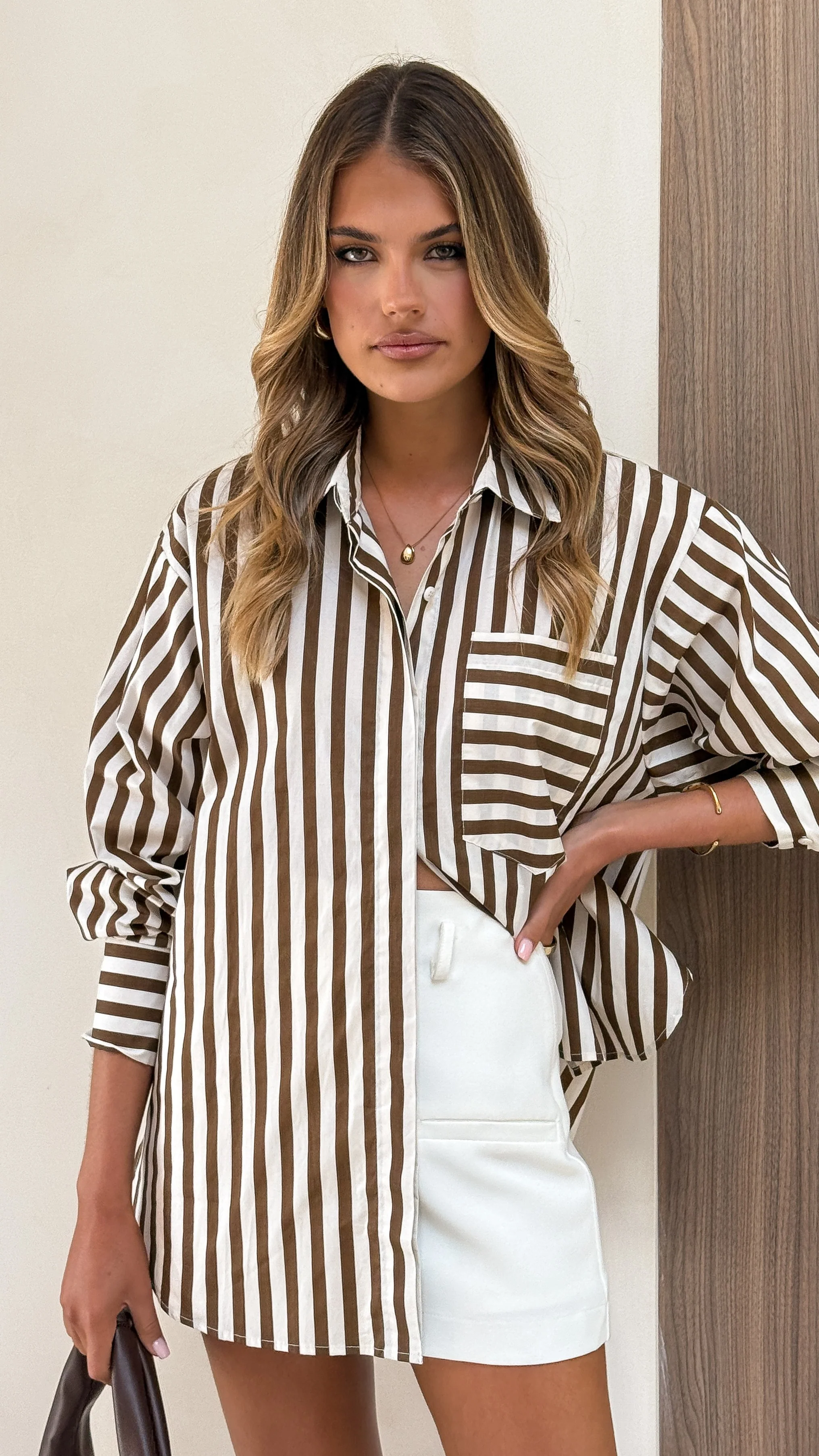 Zoah Long Sleeve Button Up Shirt - Choc/Champagne Stripe - Image 4