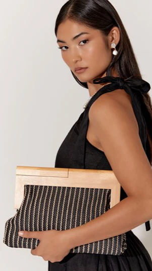Zoey Thin Stripe Timber Frame Clutch - Black - Image 2